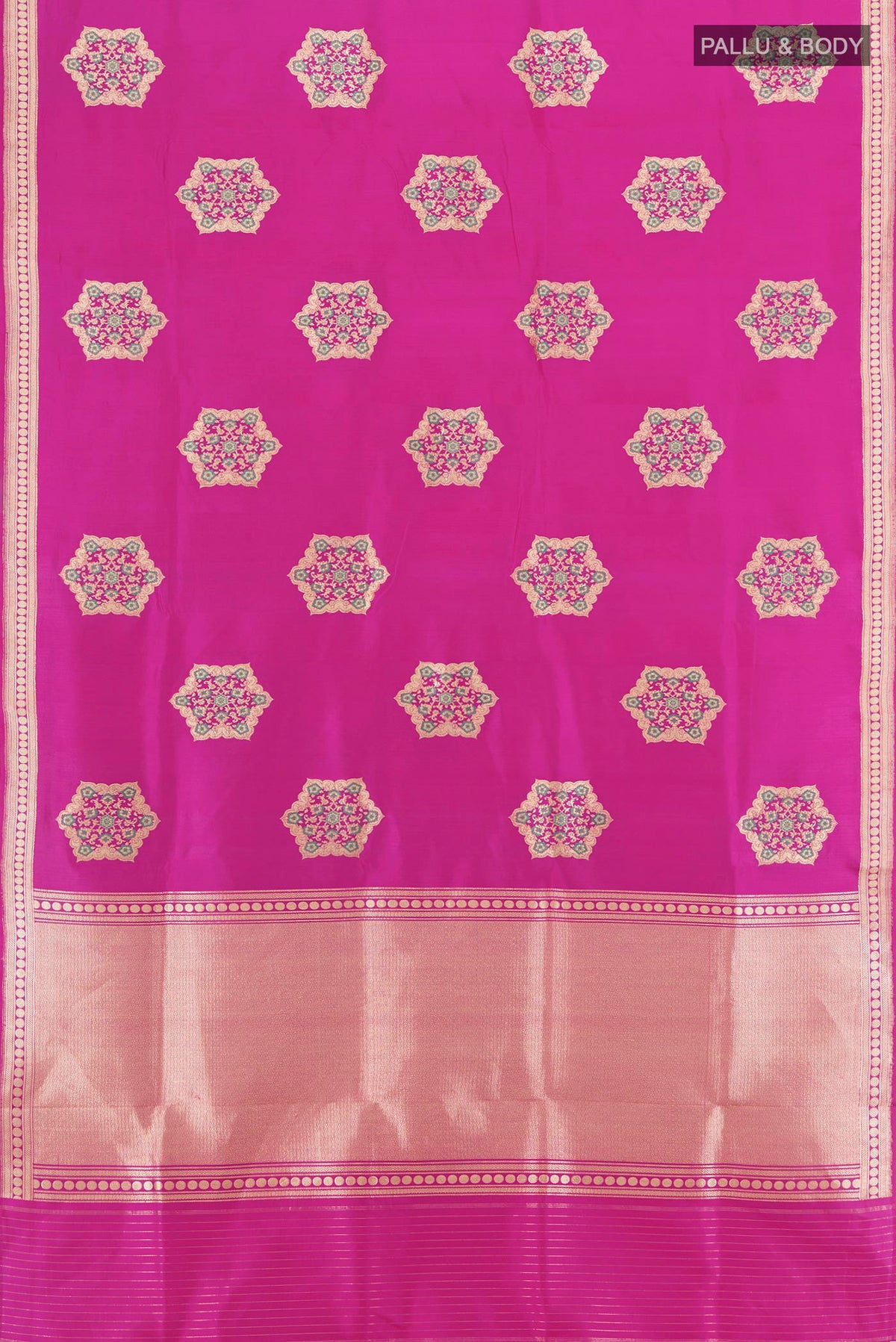 Flat view of Magenta Banarasi Silk Saree with Zari Butta on the body and Zari Border. 