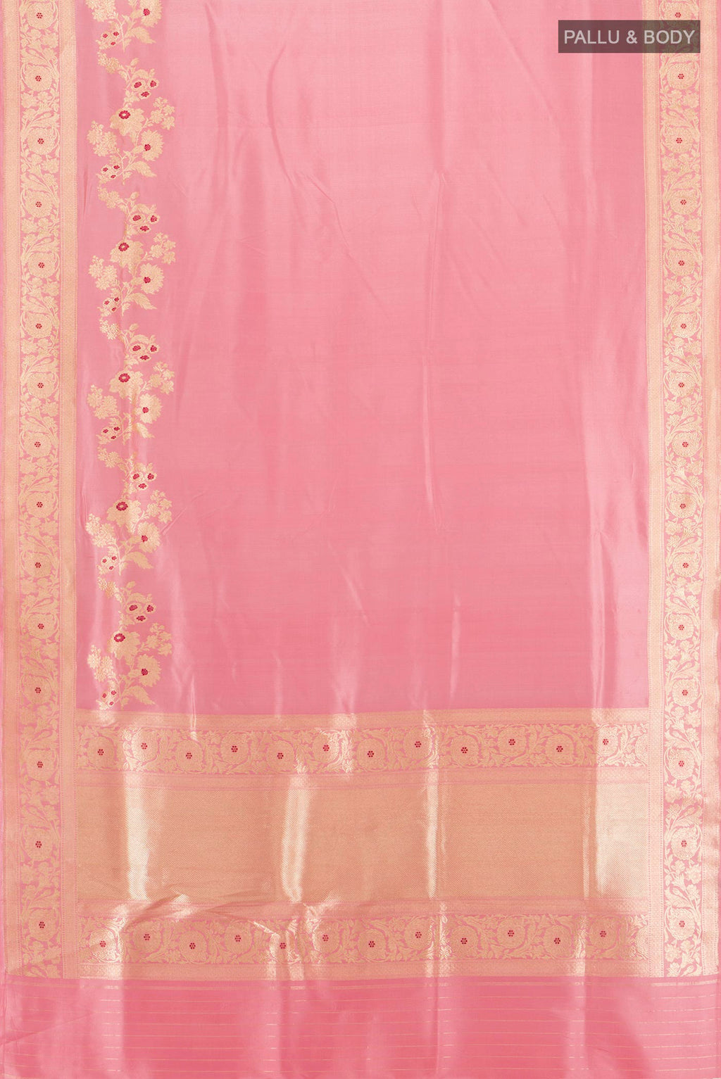 Flat view of Rose pink Banarasi Silk Saree with Plain Body and Fancy Border. 