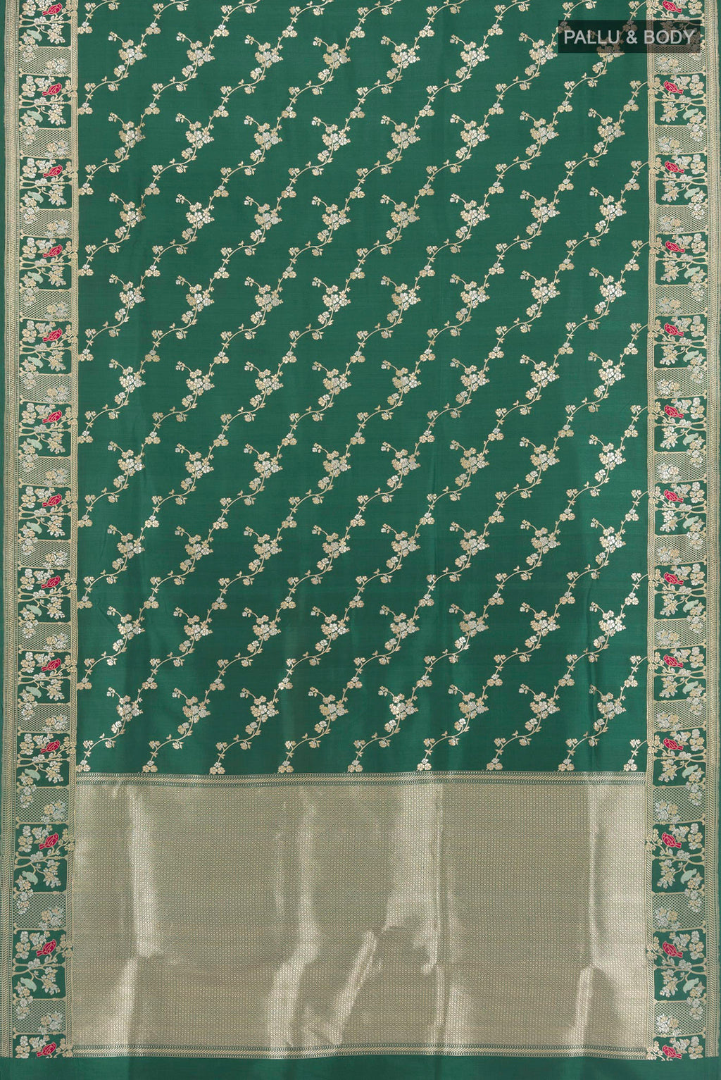 Flat view of Pure Silk Green Banarasi Saree with Zari Butta on the body and Zari Border. 
