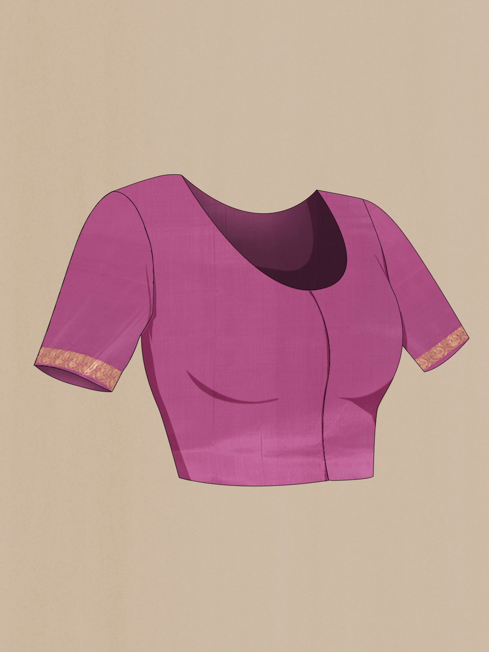 Close up image of the blouse of Purple Banarasi Silk Saree with Zari Butta on the body and Thread Border. 