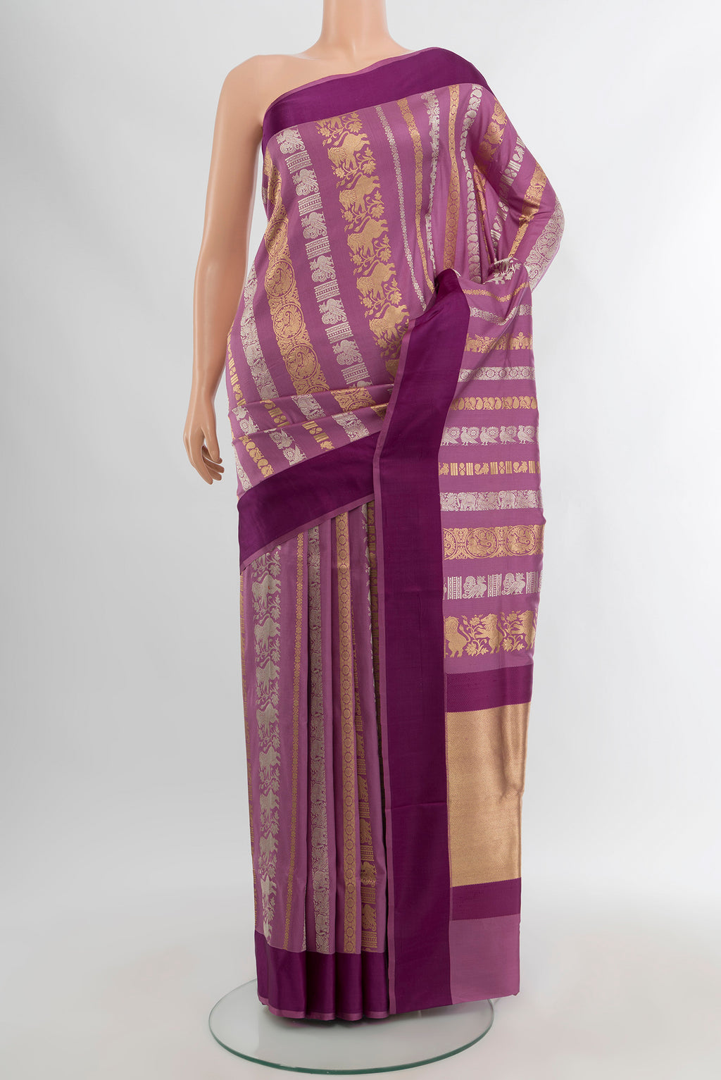 Purple Banarasi Silk Saree with Zari Butta on the body and Thread Border.  displayed on a mannequin
