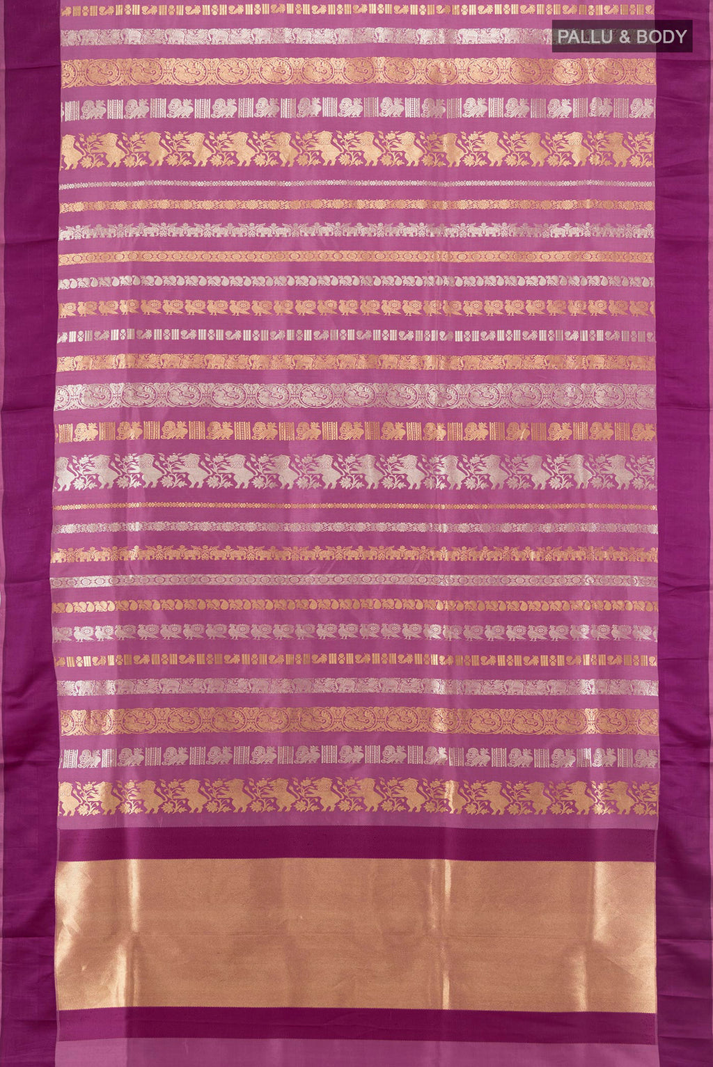 Flat view of Purple Banarasi Silk Saree with Zari Butta on the body and Thread Border. 
