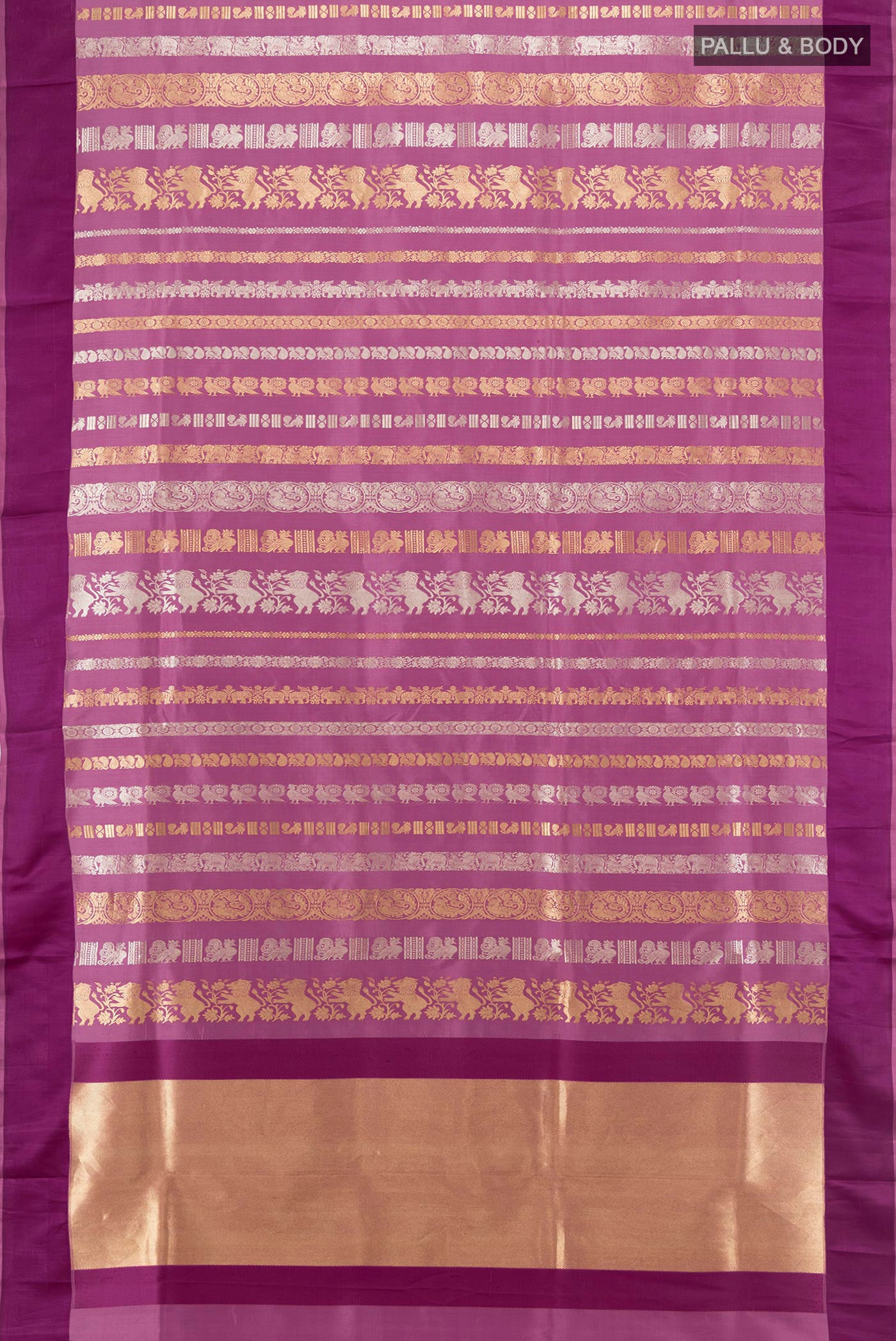 Flat view of Purple Banarasi Silk Saree with Zari Butta on the body and Thread Border. 