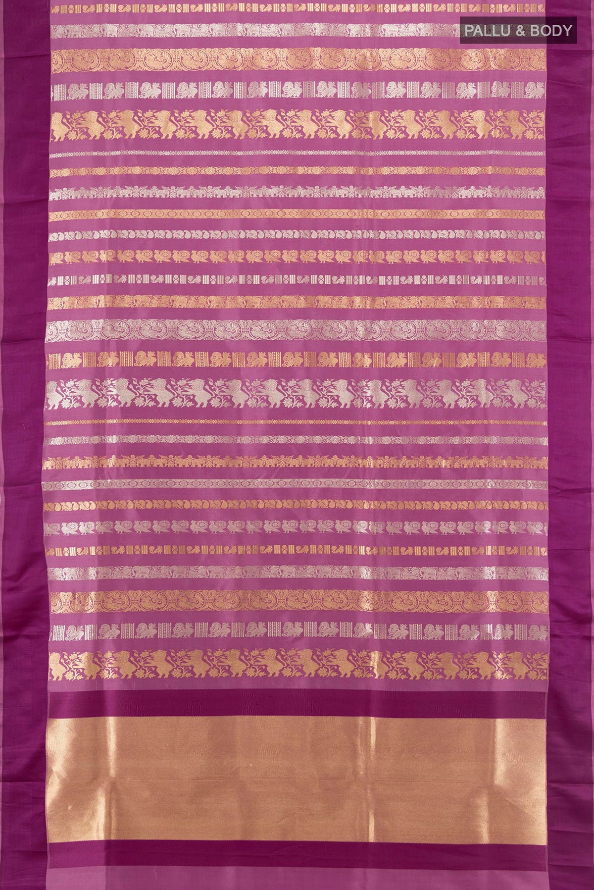 Flat view of Purple Banarasi Silk Saree with Zari Butta on the body and Thread Border. 