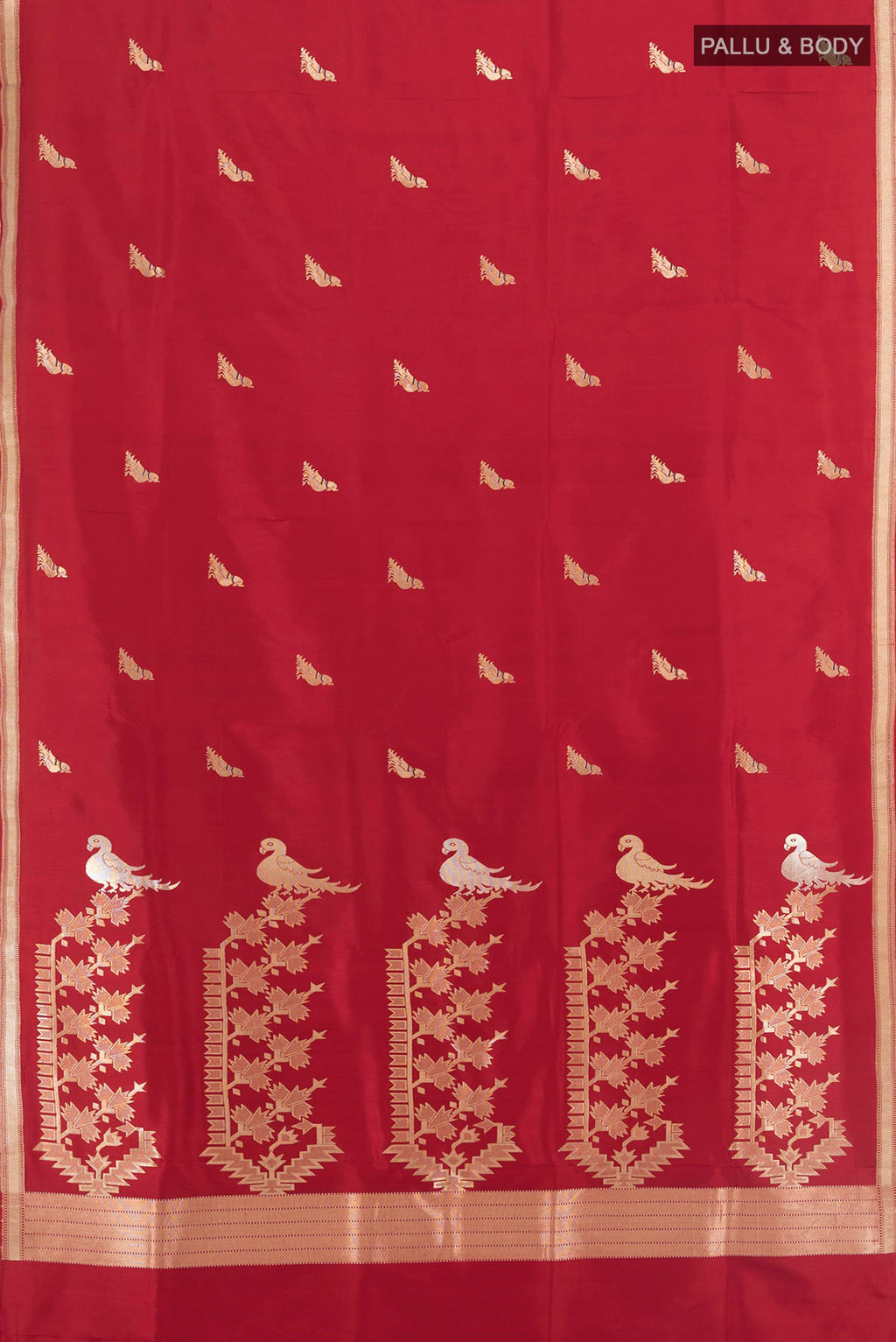 Flat view of Pure Silk Deep Red Banarasi Saree with Zari Butta on the body and Zari Border. 