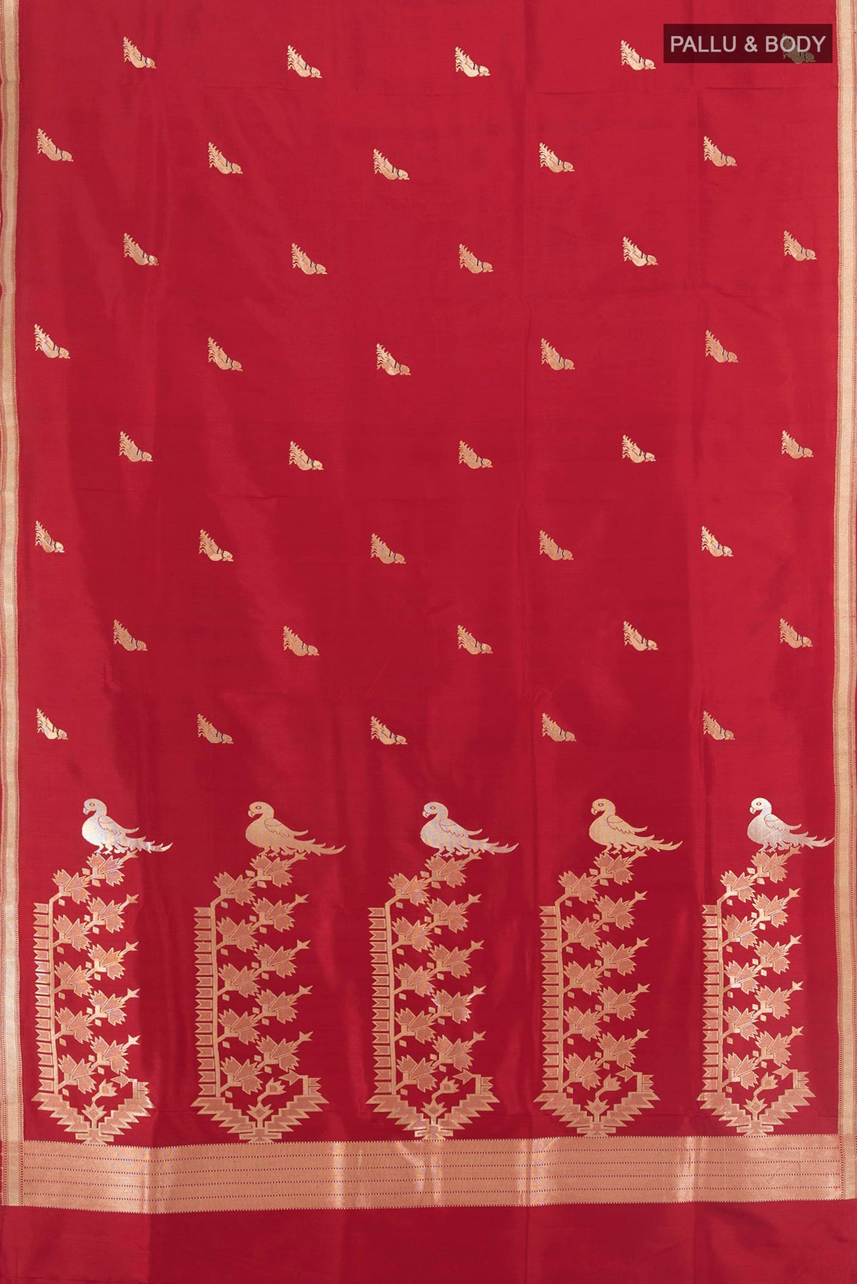 Flat view of Pure Silk Deep Red Banarasi Saree with Zari Butta on the body and Zari Border. 