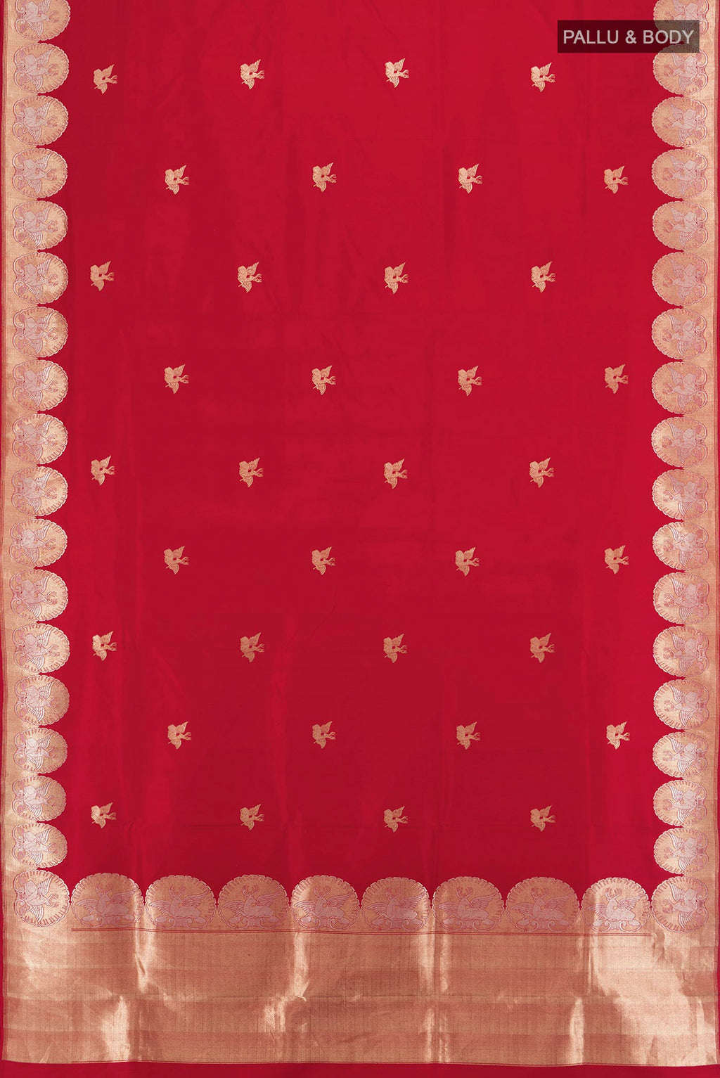 Flat view of Red Banarasi Silk Saree with Zari Butta on the body and Zari Border. 