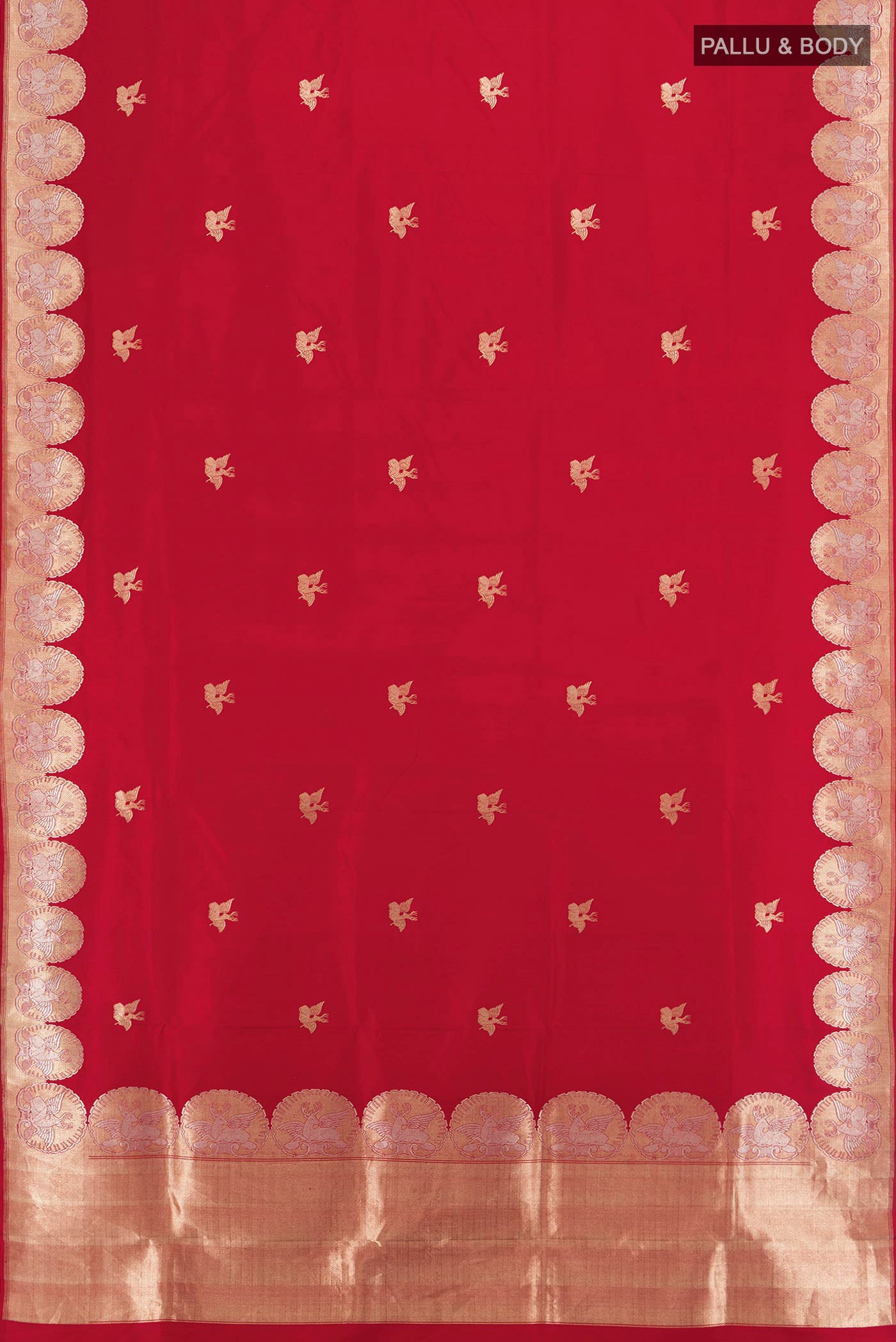 Flat view of Red Banarasi Silk Saree with Zari Butta on the body and Zari Border. 