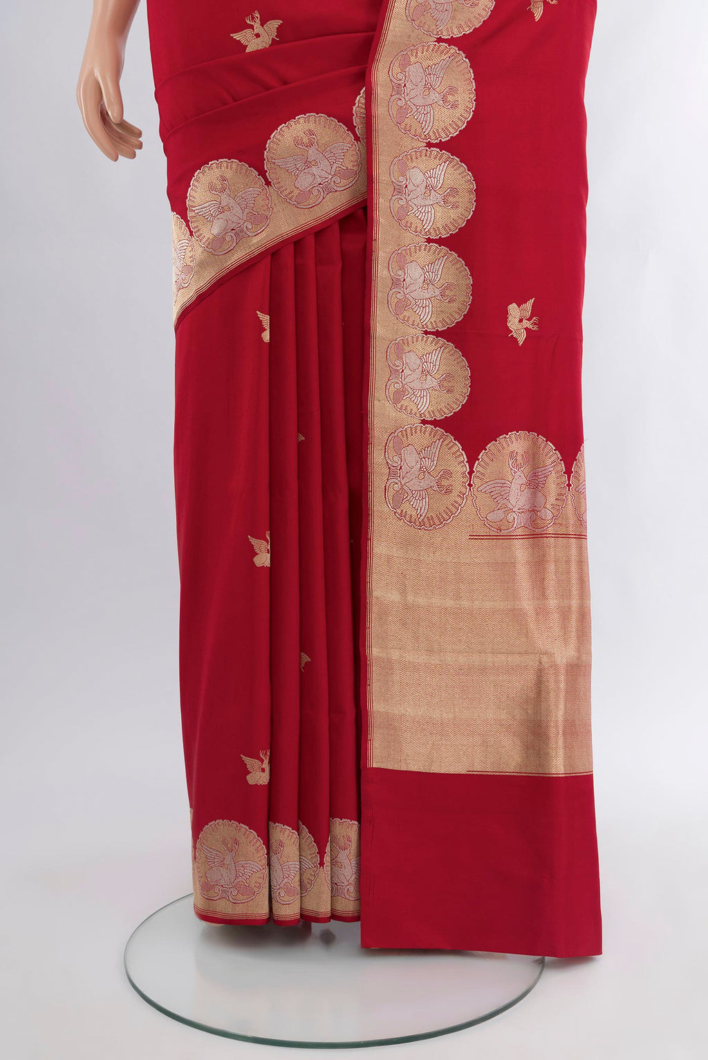 Pleats and pallu of Red Banarasi Silk Saree with Zari Butta on the body and Zari Border. 