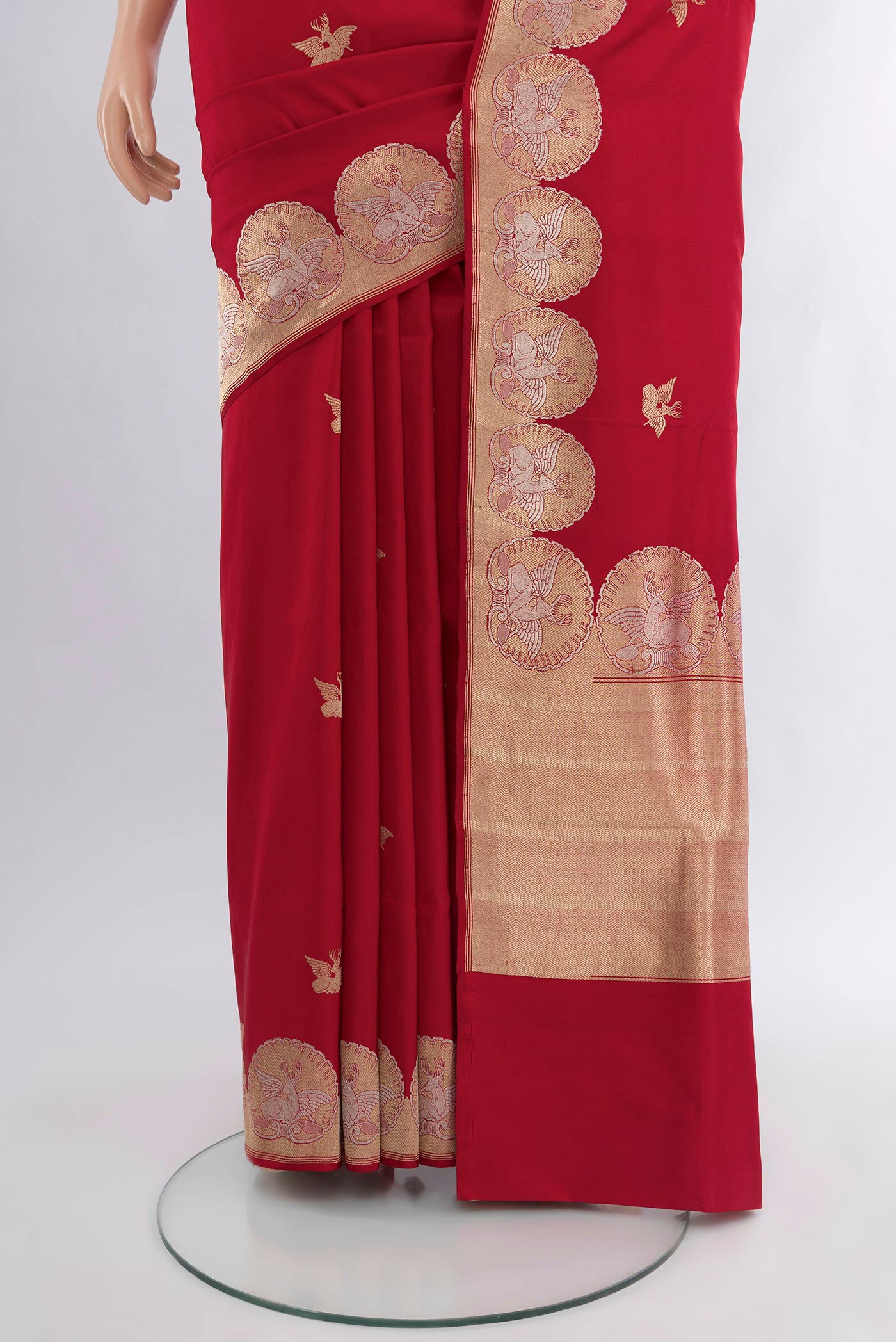 Pleats and pallu of Red Banarasi Silk Saree with Zari Butta on the body and Zari Border. 