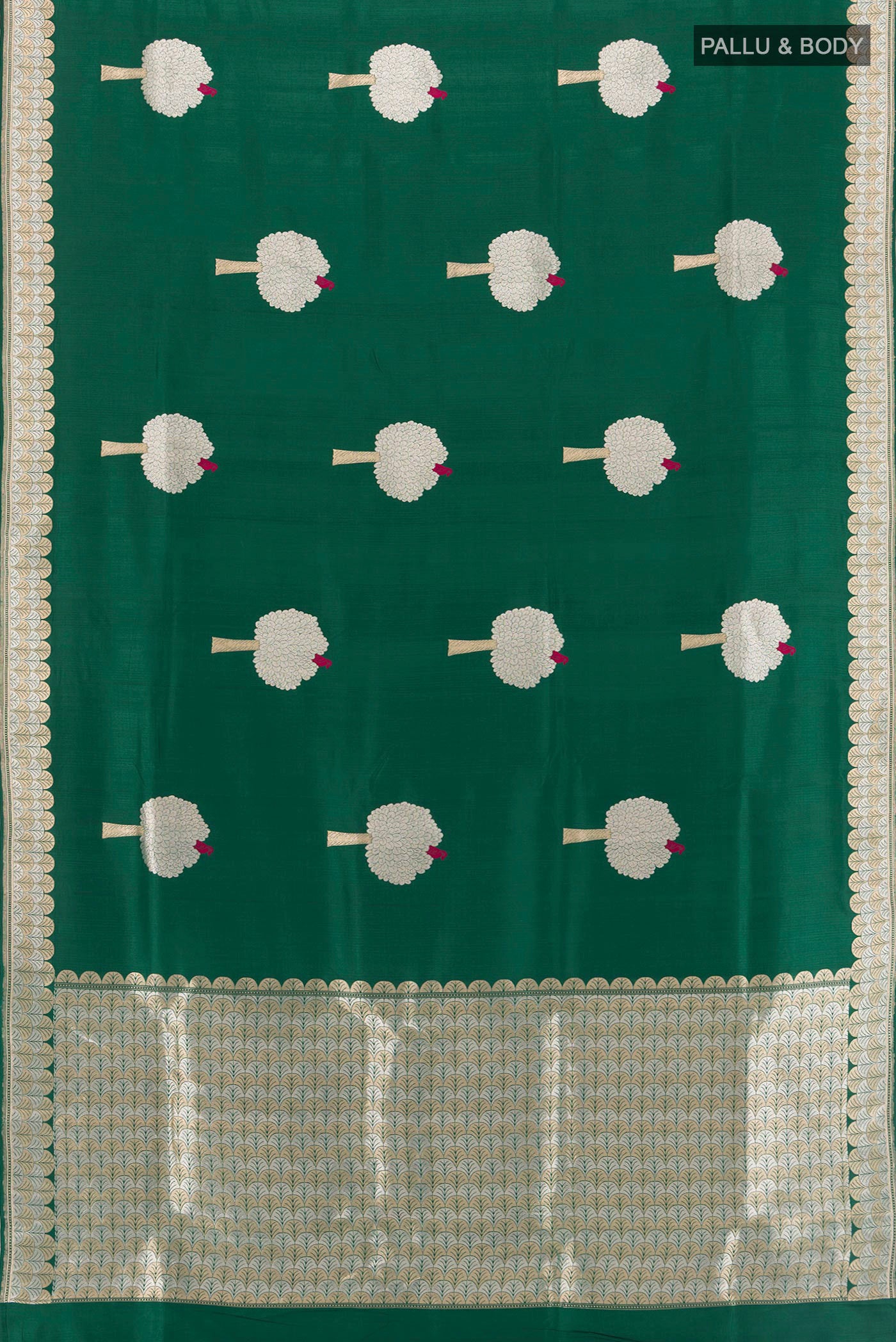 Flat view of Bottle Green Banarasi Silk Saree with Zari Butta on the body and Zari Border. 