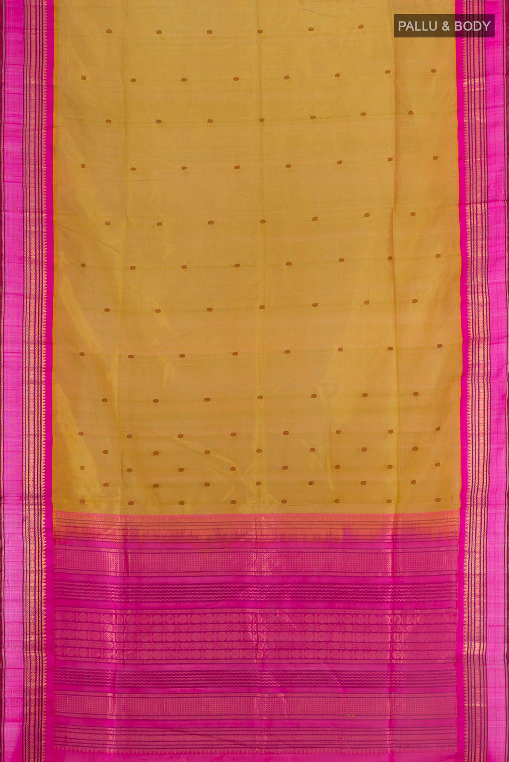 Flat view of Mehandi Green Silk Cotton Saree with Zari Butta on the body and Zari Border. 