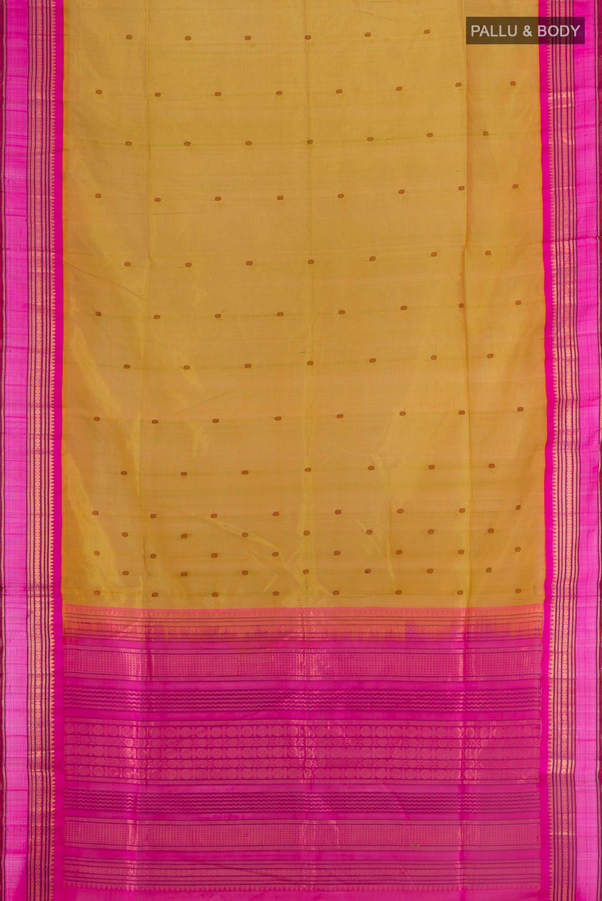 Flat view of Mehandi Green Silk Cotton Saree with Zari Butta on the body and Zari Border. 