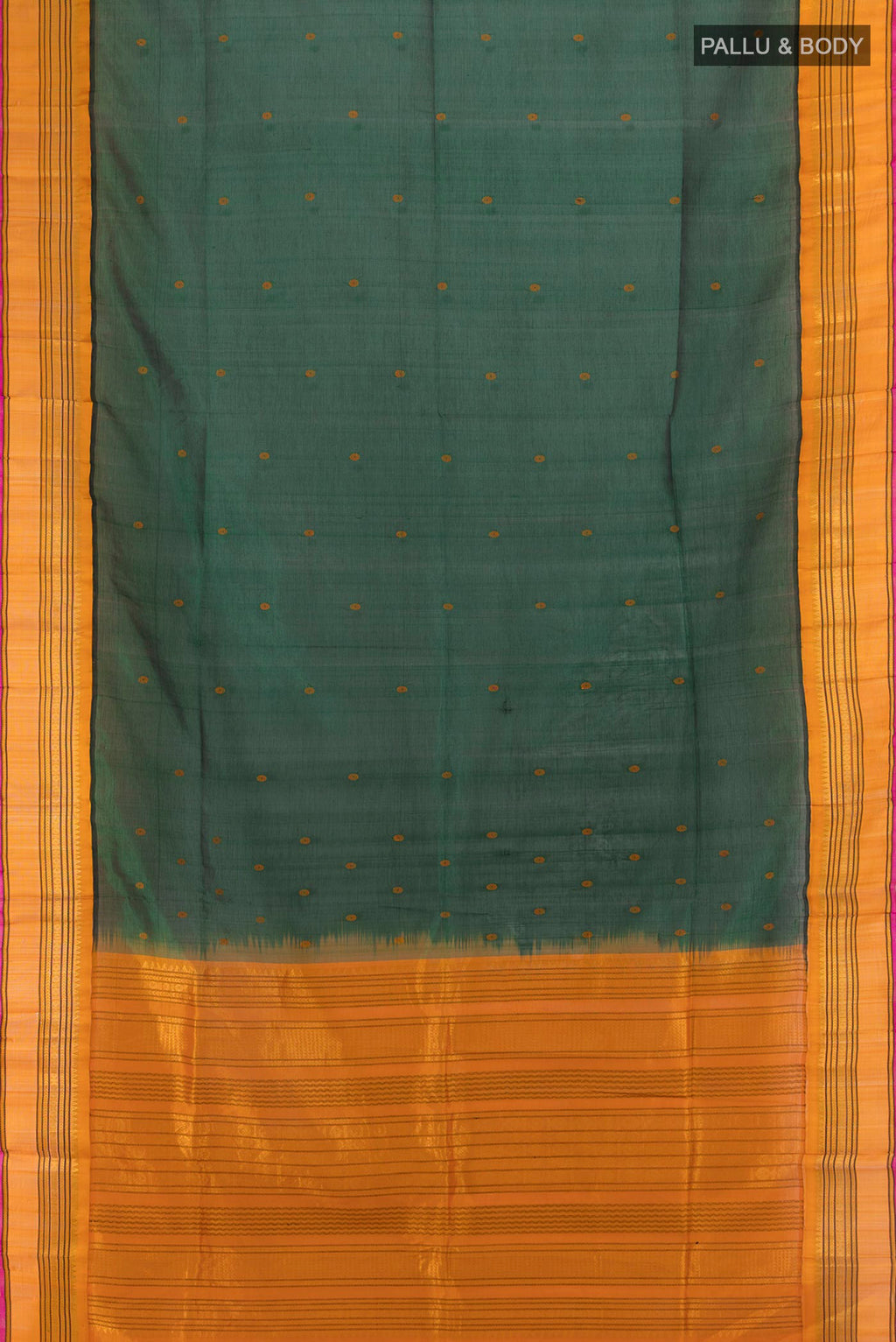 Flat view of Mint Green Silk Cotton Saree with Zari Butta on the body and Silk Border. 