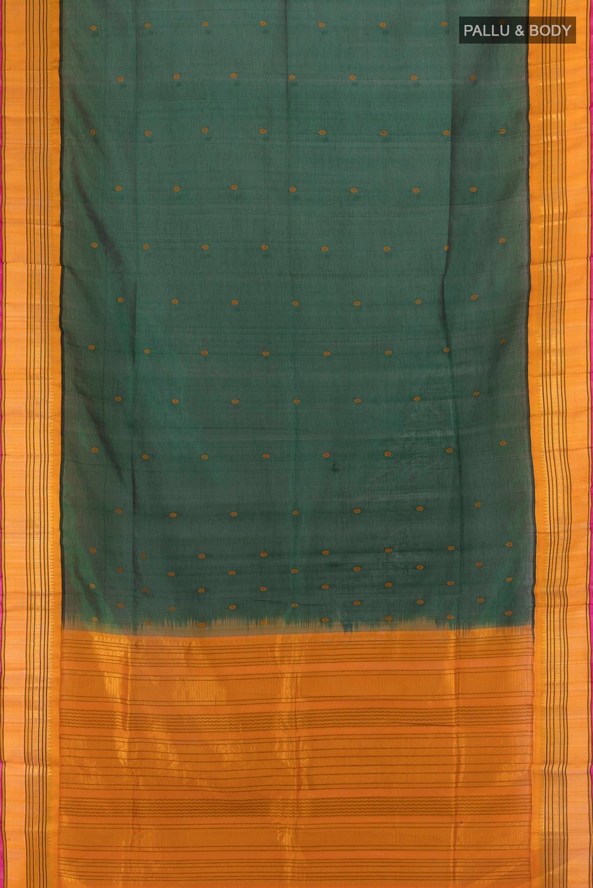 Flat view of Mint Green Silk Cotton Saree with Zari Butta on the body and Silk Border. 