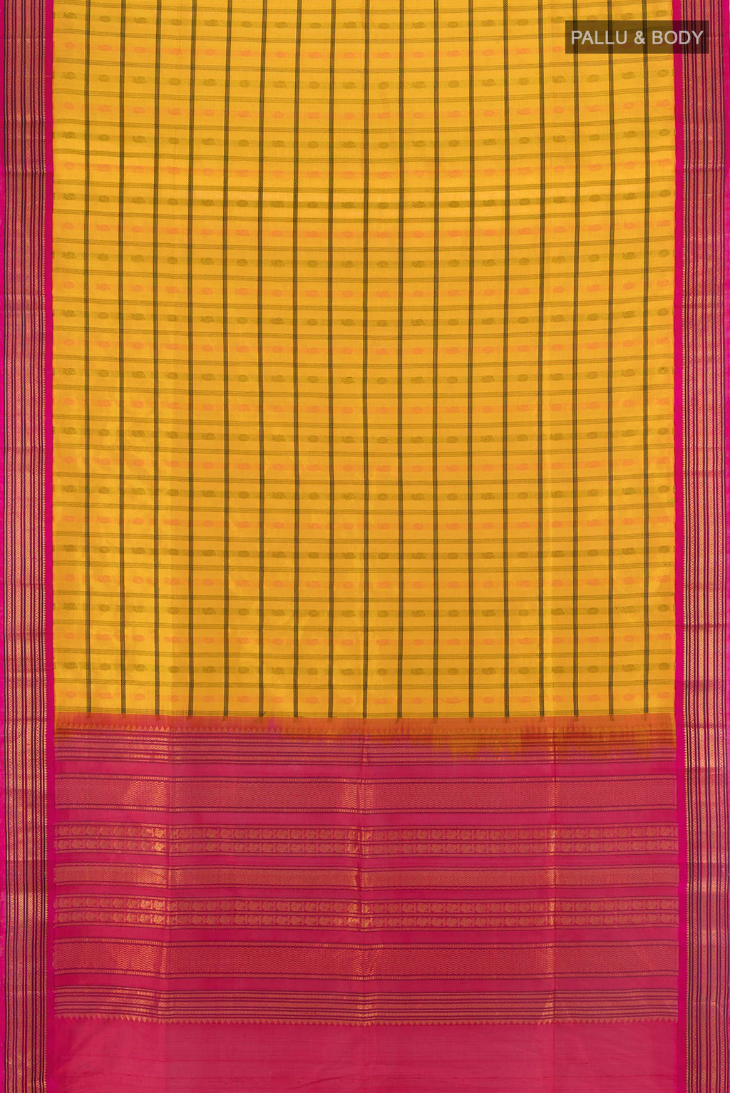 Flat view of Yellow Silk Cotton Saree with Checked design on the body and Zari Border. 