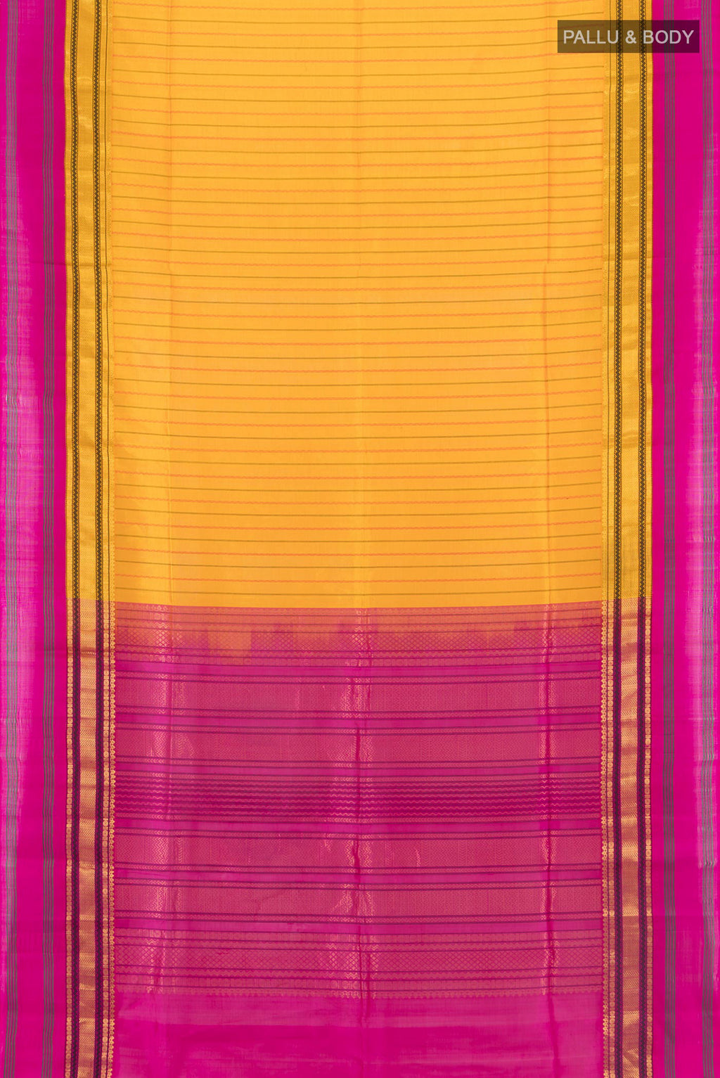 Flat view of Yellow Silk Cotton Saree with Stripes on the body and Zari Border. 