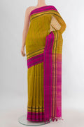 Mehandi Green Silk Cotton Saree with Stripes on the body and Zari Border.  displayed on a mannequin