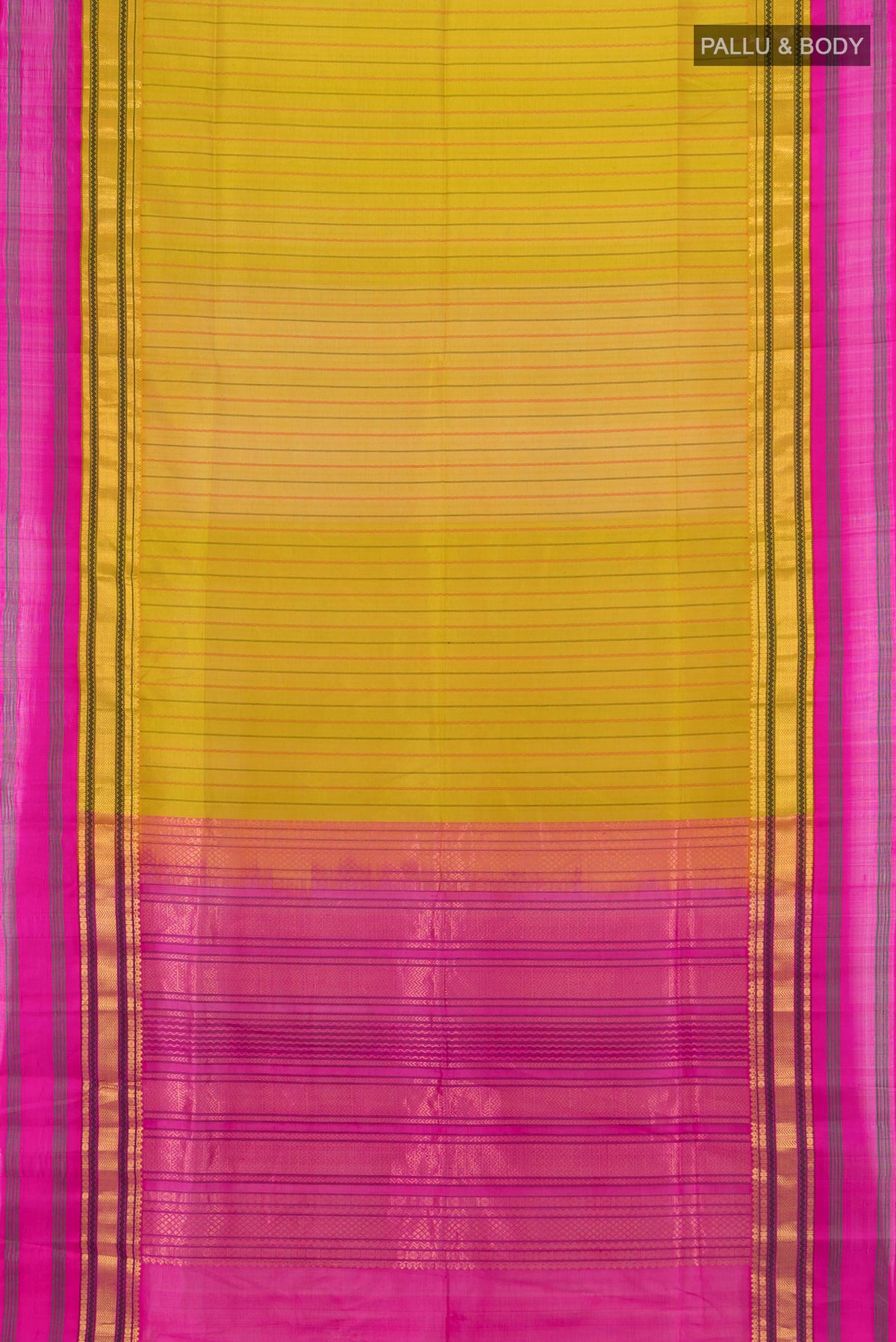 Flat view of Mehandi Green Silk Cotton Saree with Stripes on the body and Zari Border. 