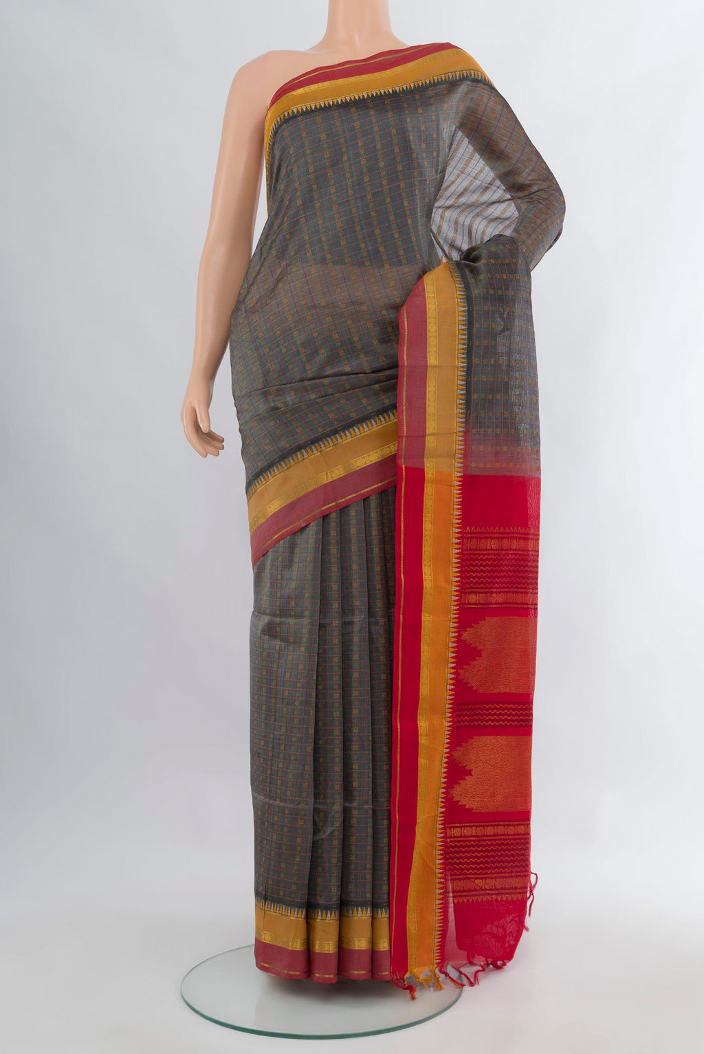 Davys Grey Silk Cotton Saree with Stripes on the body and Zari Border.  displayed on a mannequin