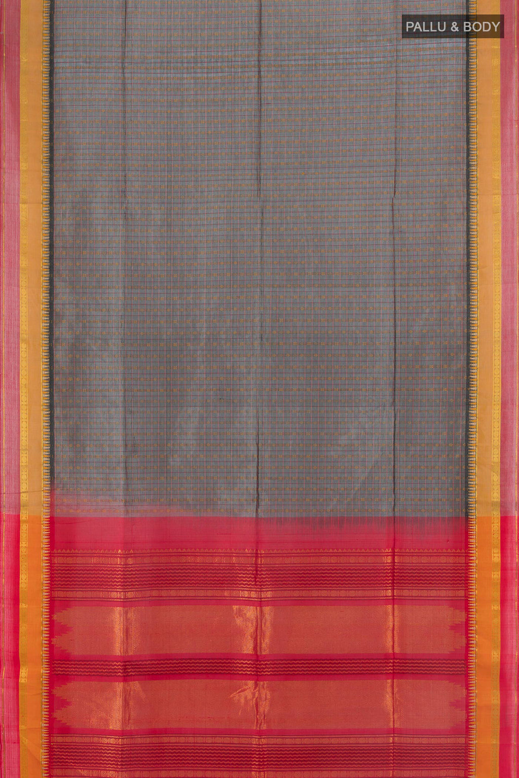 Flat view of Davys Grey Silk Cotton Saree with Stripes on the body and Zari Border. 