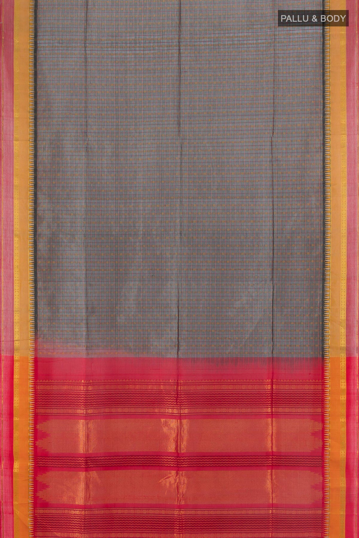 Flat view of Davys Grey Silk Cotton Saree with Stripes on the body and Zari Border. 