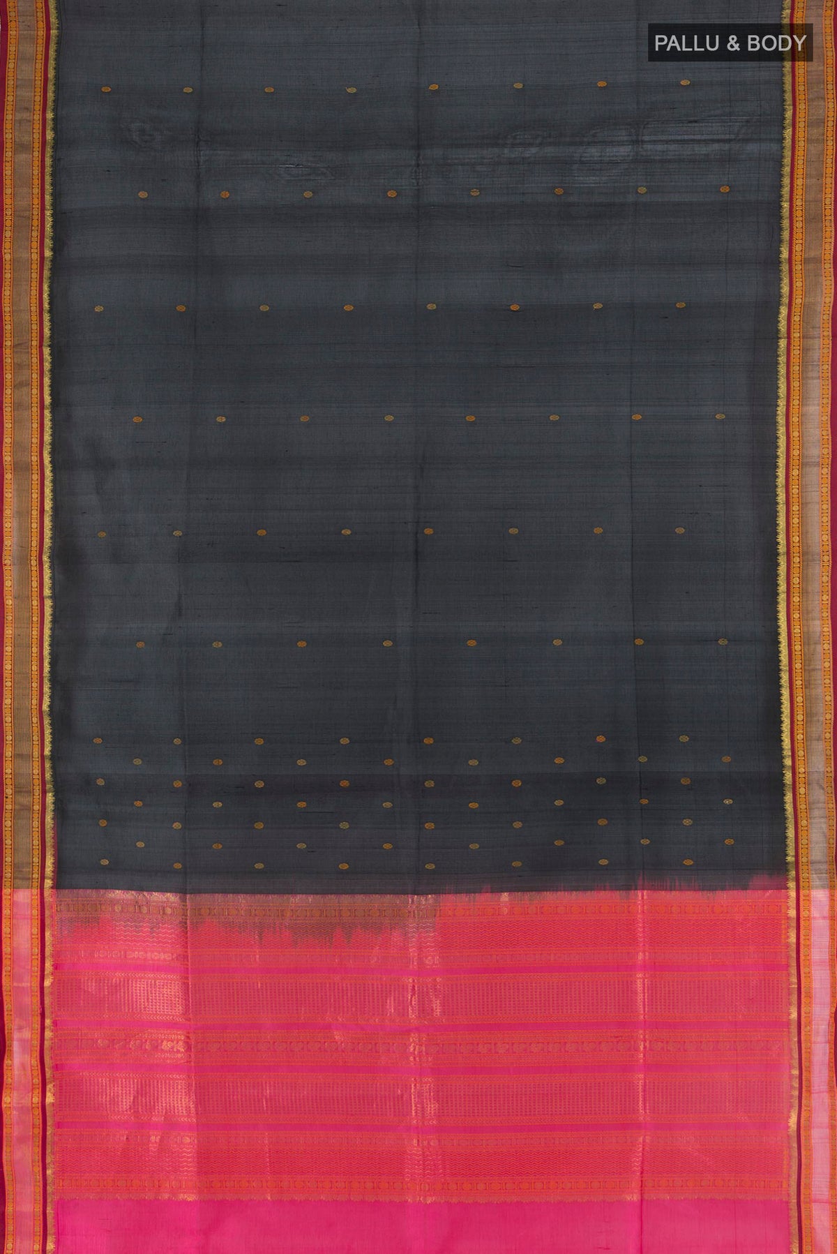 Flat view of Black Silk Cotton Saree with Zari Butta on the body and Zari Border. 
