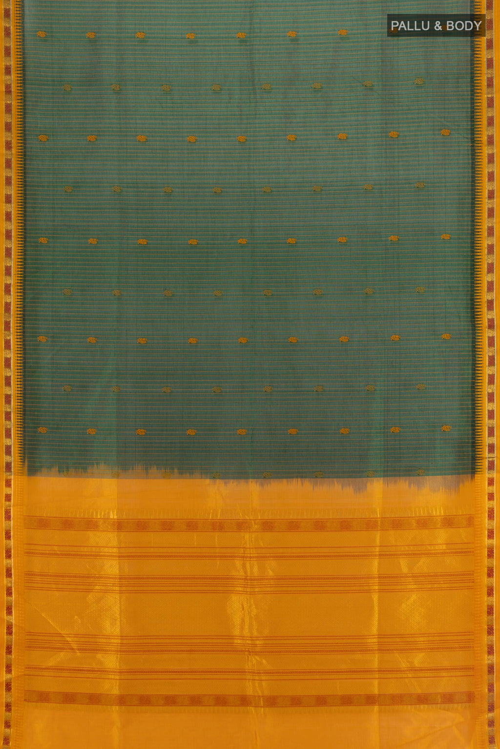Flat view of Bottle Green Silk Cotton Saree with Stripes on the body and Zari Border. 