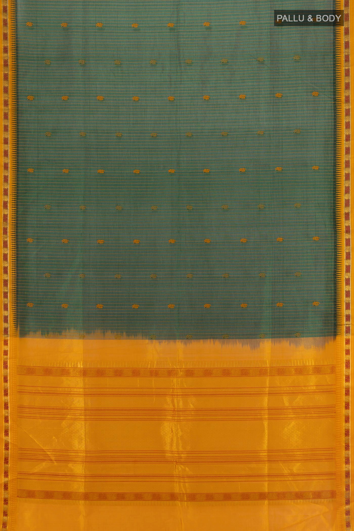 Flat view of Bottle Green Silk Cotton Saree with Stripes on the body and Zari Border. 