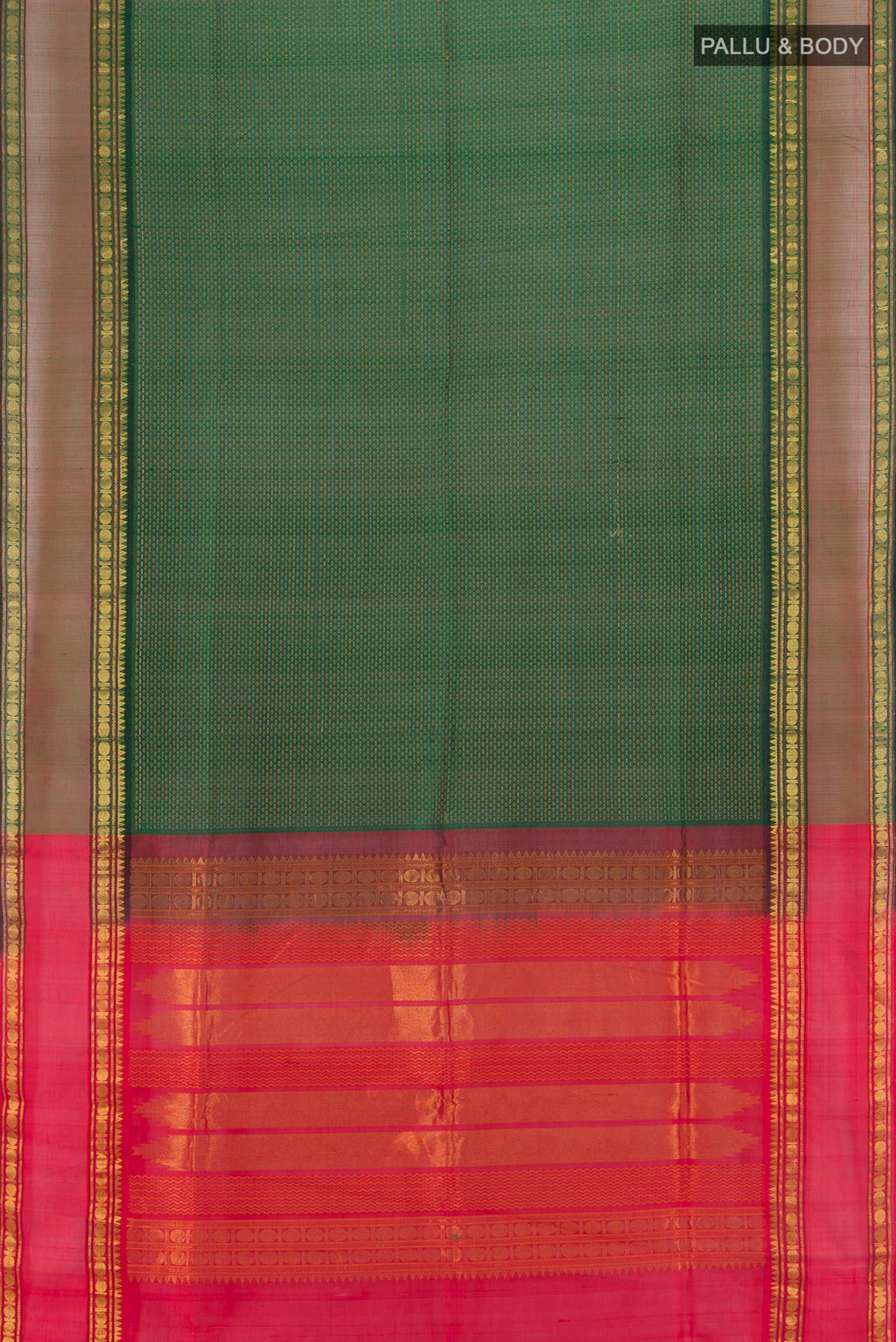 Flat view of Bottle Green Silk Cotton Saree with Checked design on the body and Zari Border. 