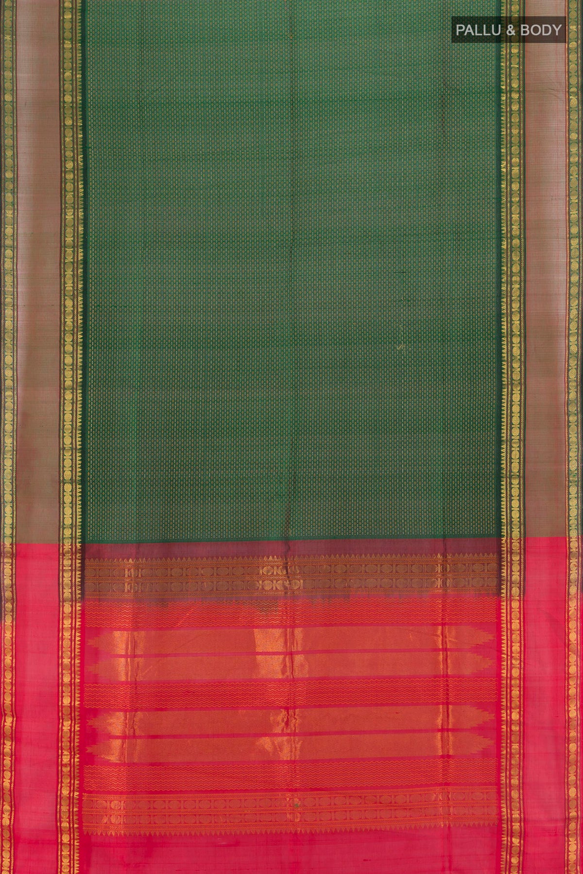 Flat view of Bottle Green Silk Cotton Saree with Checked design on the body and Zari Border. 