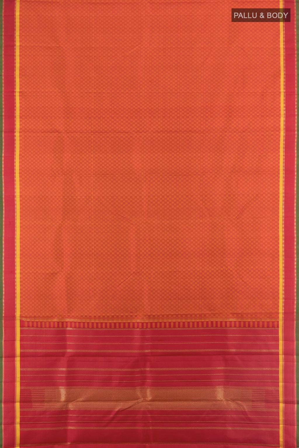 Flat view of Brick Orange Kanjivaram Silk Saree with Checked design on the body and Zari Border. 