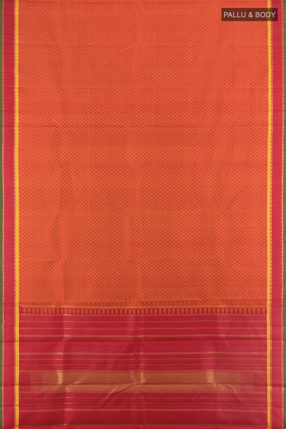 Flat view of Brick Orange Kanjivaram Silk Saree with Checked design on the body and Zari Border. 
