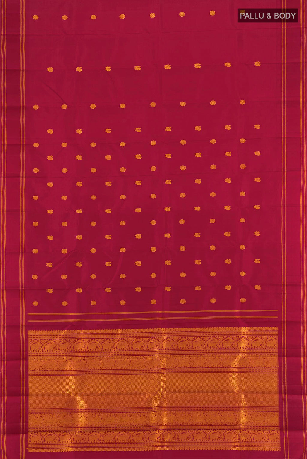 Flat view of Maroon Kanjivaram Silk Saree with Thread Butta on the body and Plain Border. 