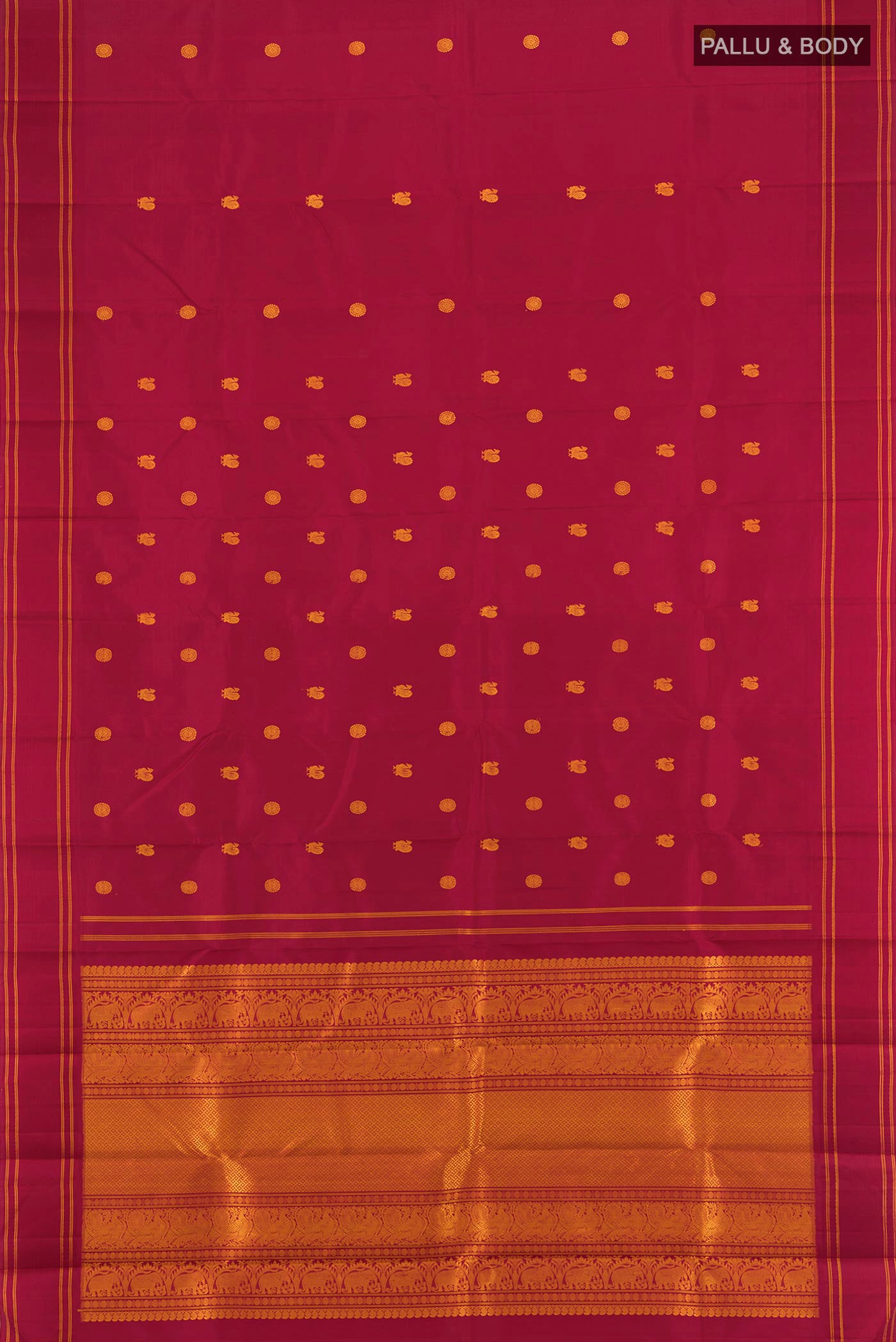 Flat view of Maroon Kanjivaram Silk Saree with Thread Butta on the body and Plain Border. 