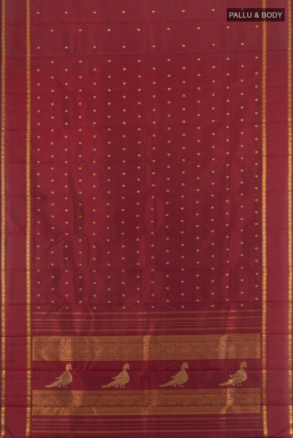 Flat view of Pure Silk Pure Zari Maroon Kanjivaram Saree with Zari Butta on the body and Zari Border. 