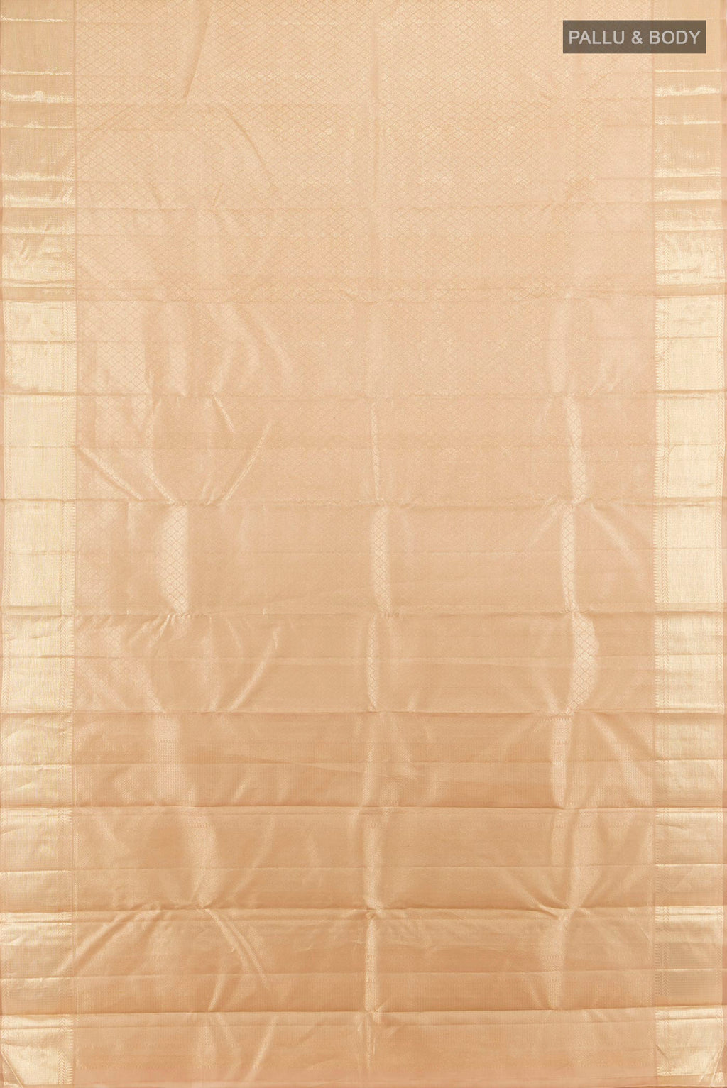 Flat view of Pure Silk Sandal Kanjivaram Saree with Zari Brocade on the body and Zari Border. 