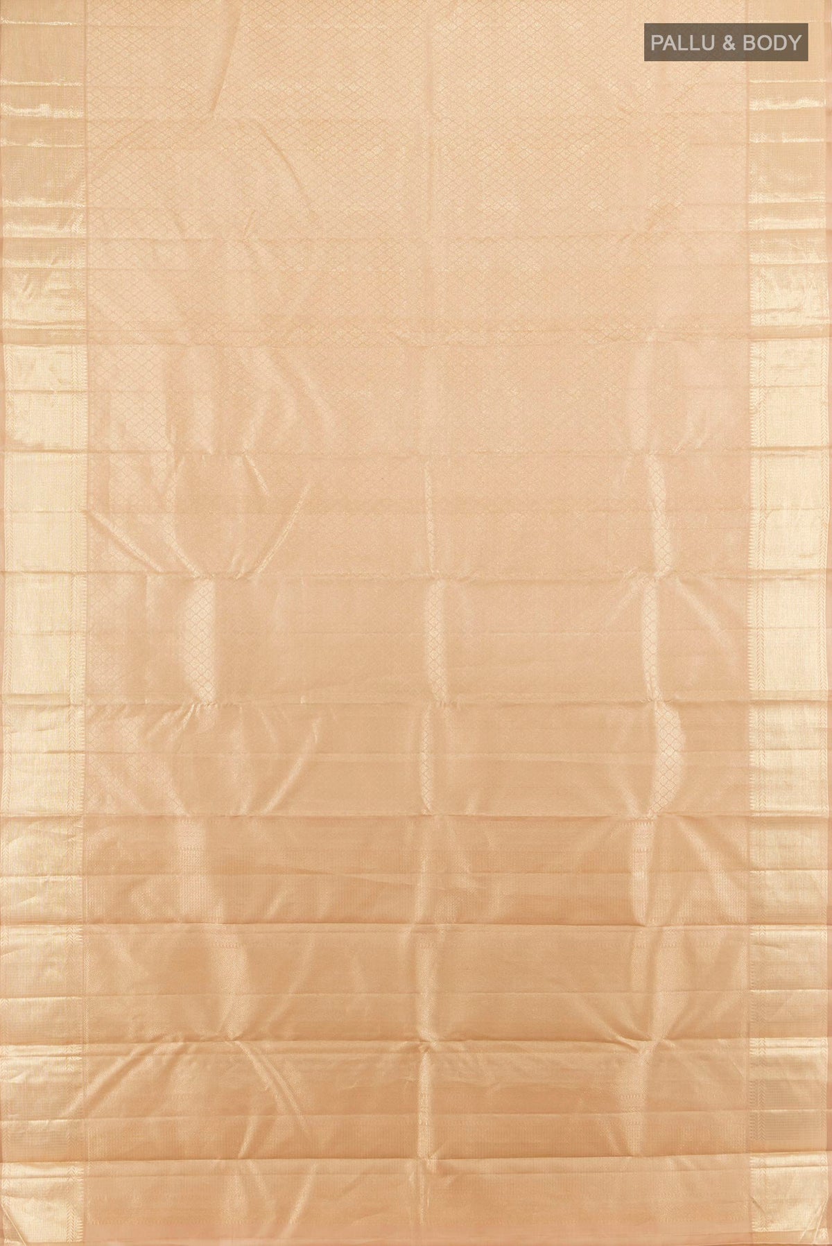 Flat view of Pure Silk Sandal Kanjivaram Saree with Zari Brocade on the body and Zari Border. 