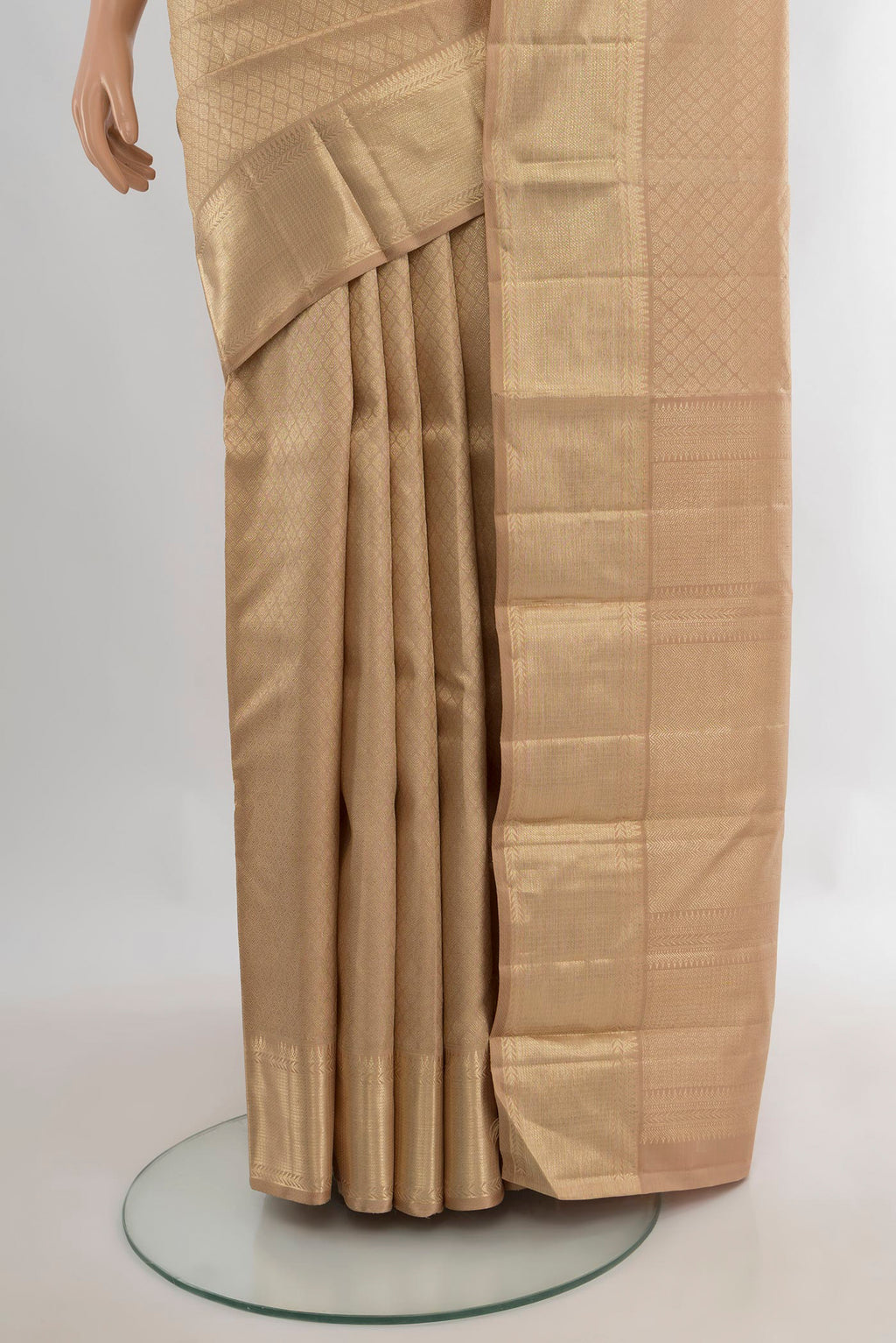 Pleats and pallu of Pure Silk Sandal Kanjivaram Saree with Zari Brocade on the body and Zari Border. 