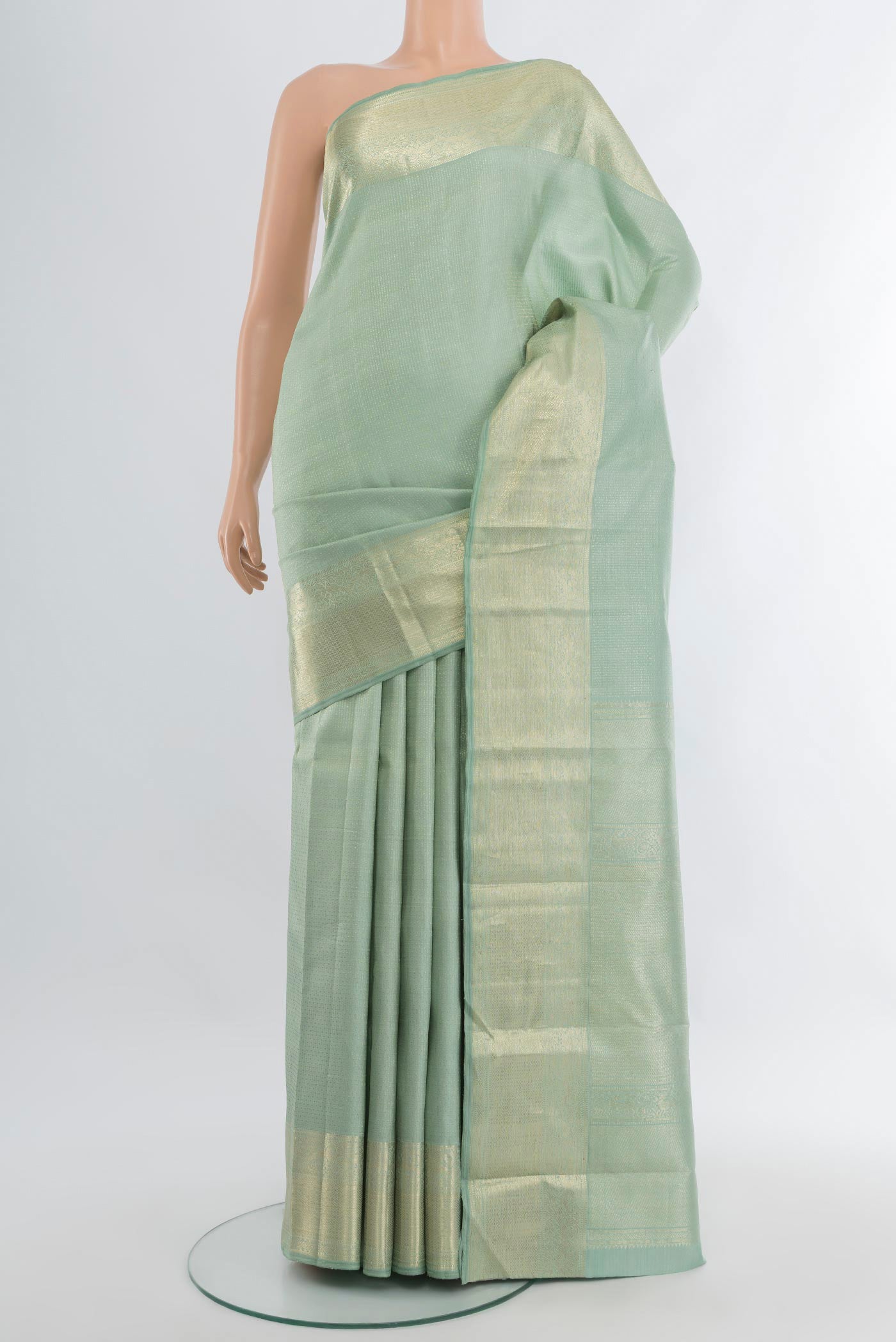 Light Blue Kanjivaram Silk Saree with Zari Brocade on the body and Zari Border.  displayed on a mannequin
