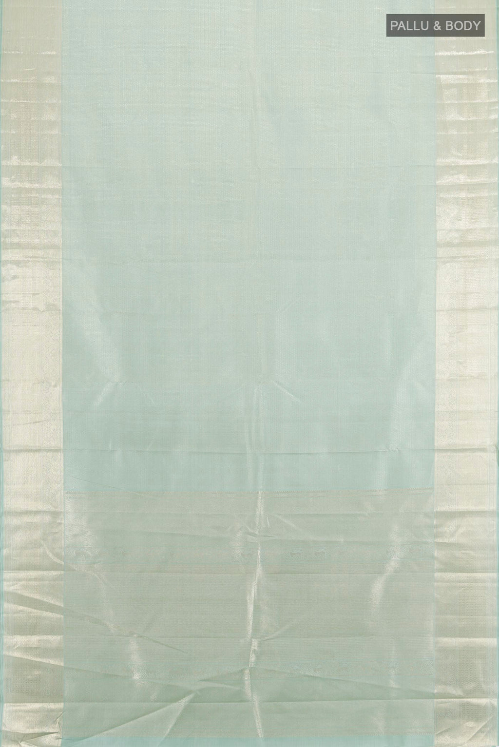 Flat view of Light Blue Kanjivaram Silk Saree with Zari Brocade on the body and Zari Border. 