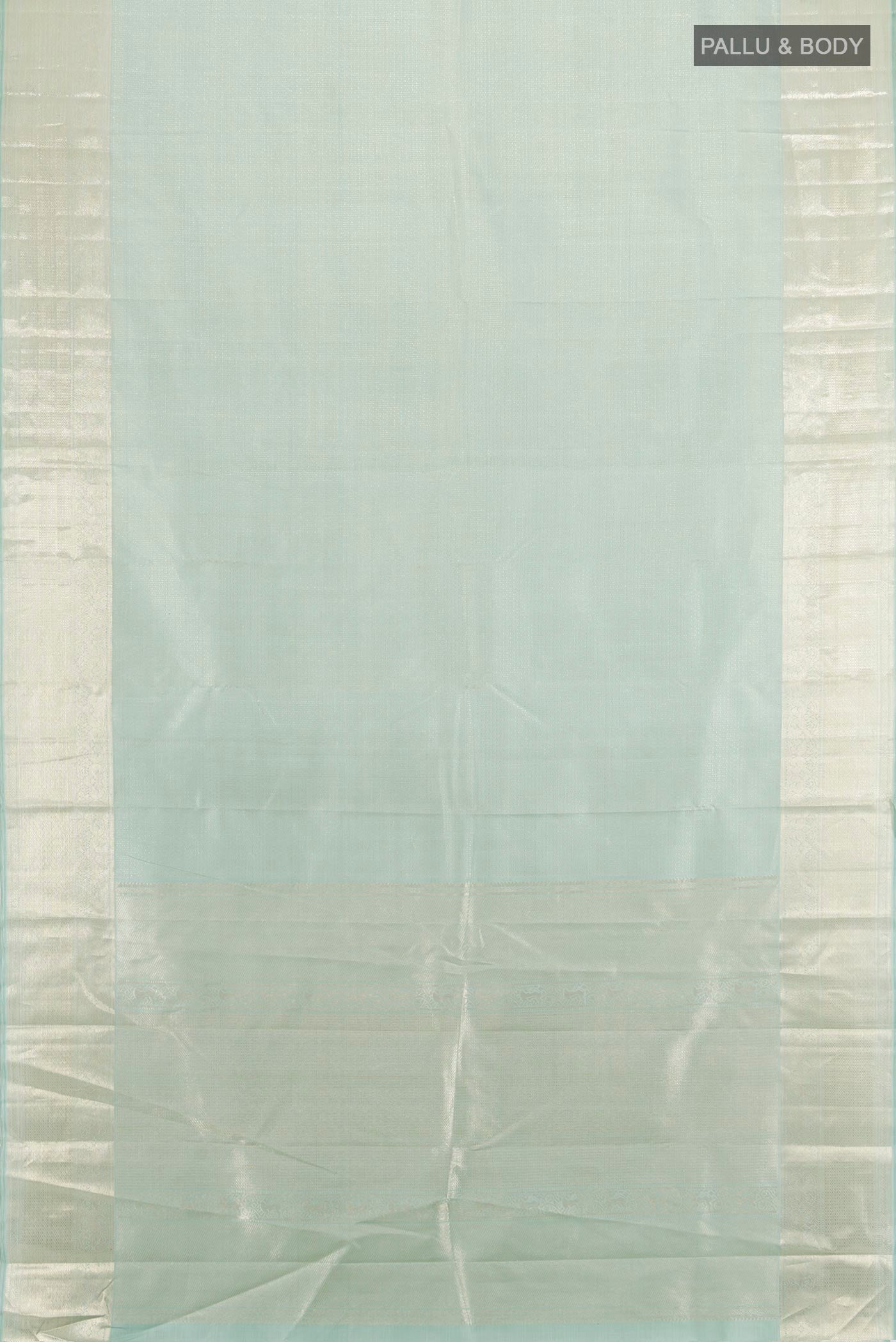 Flat view of Light Blue Kanjivaram Silk Saree with Zari Brocade on the body and Zari Border. 