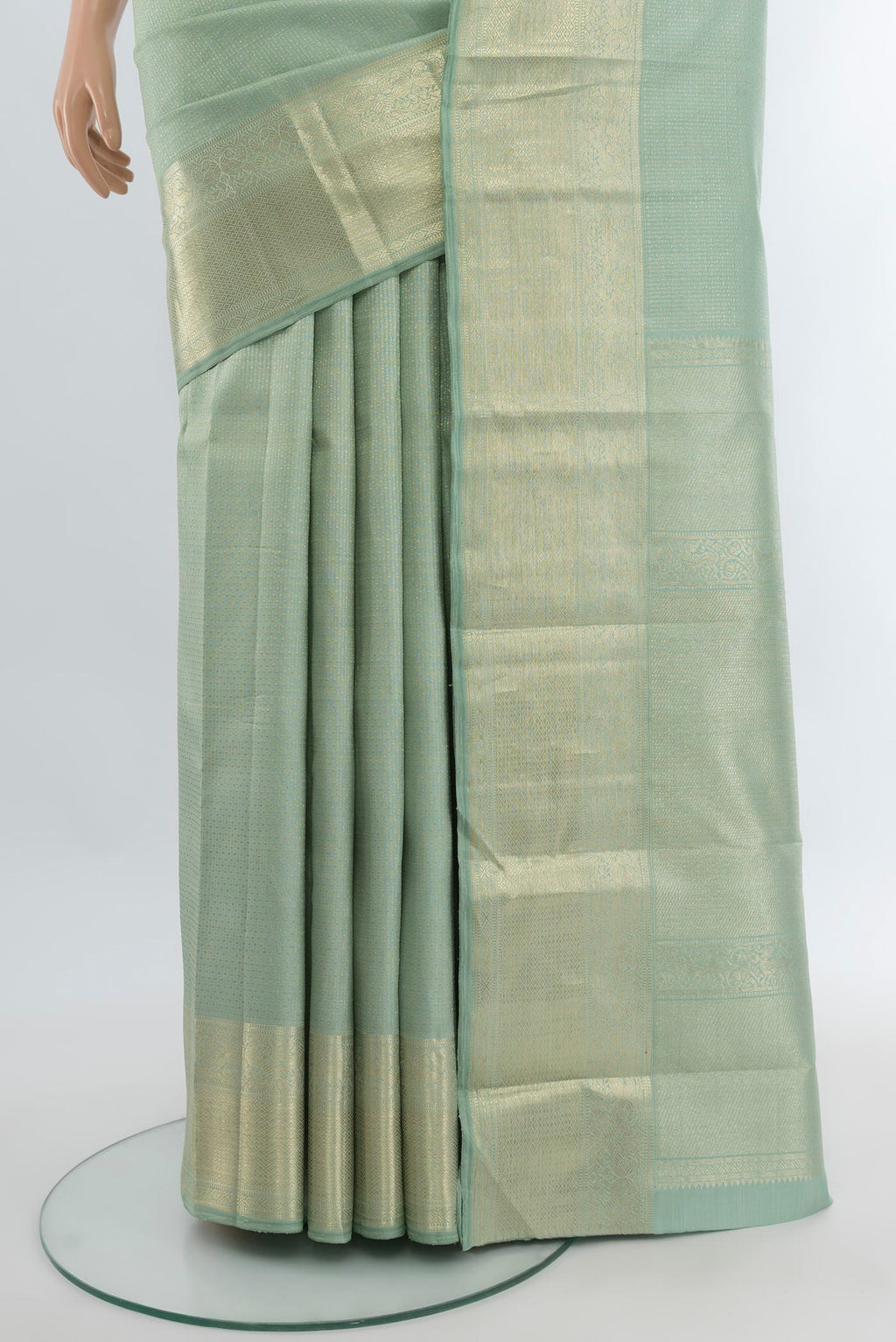 Pleats and pallu of Light Blue Kanjivaram Silk Saree with Zari Brocade on the body and Zari Border. 