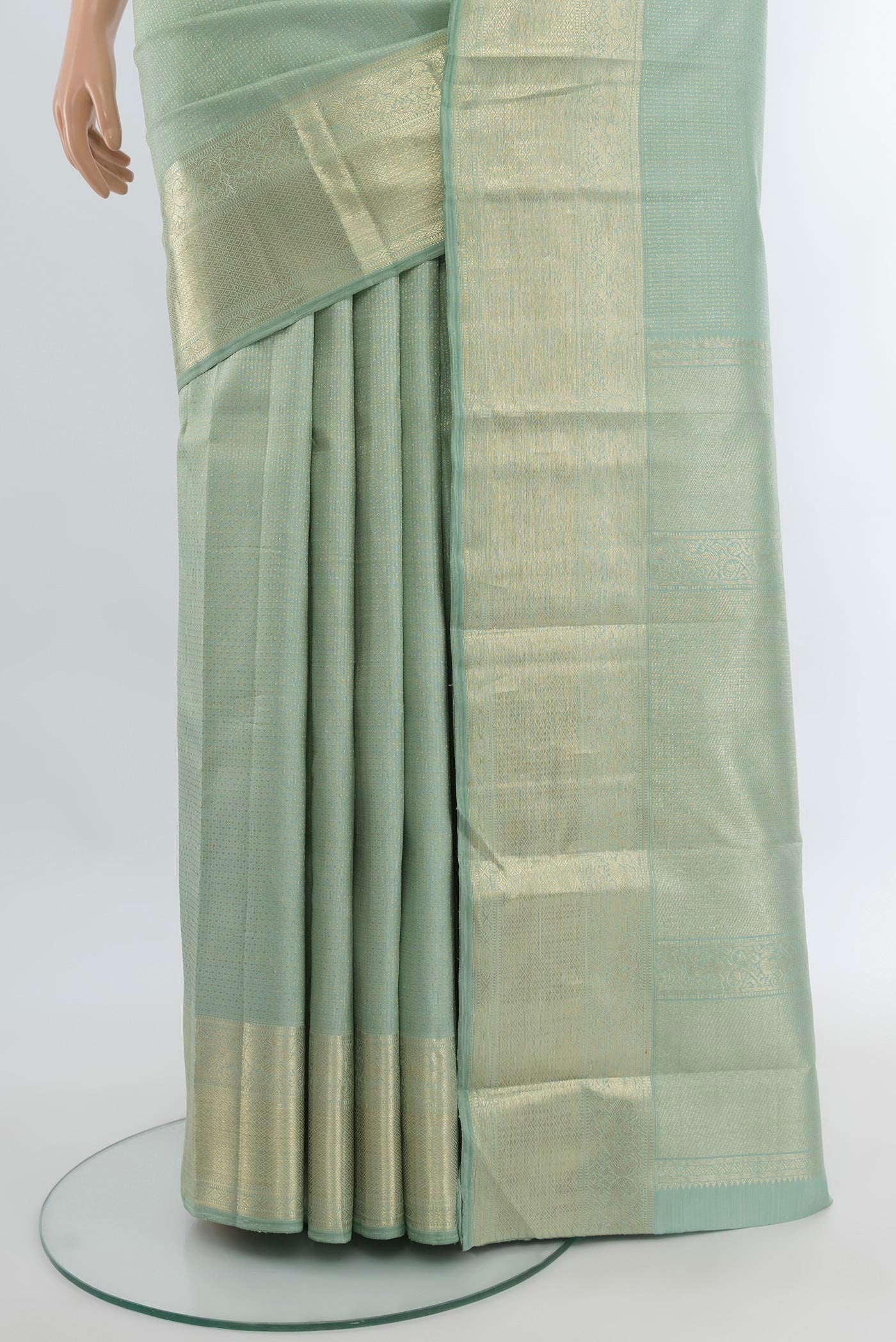 Pleats and pallu of Light Blue Kanjivaram Silk Saree with Zari Brocade on the body and Zari Border. 
