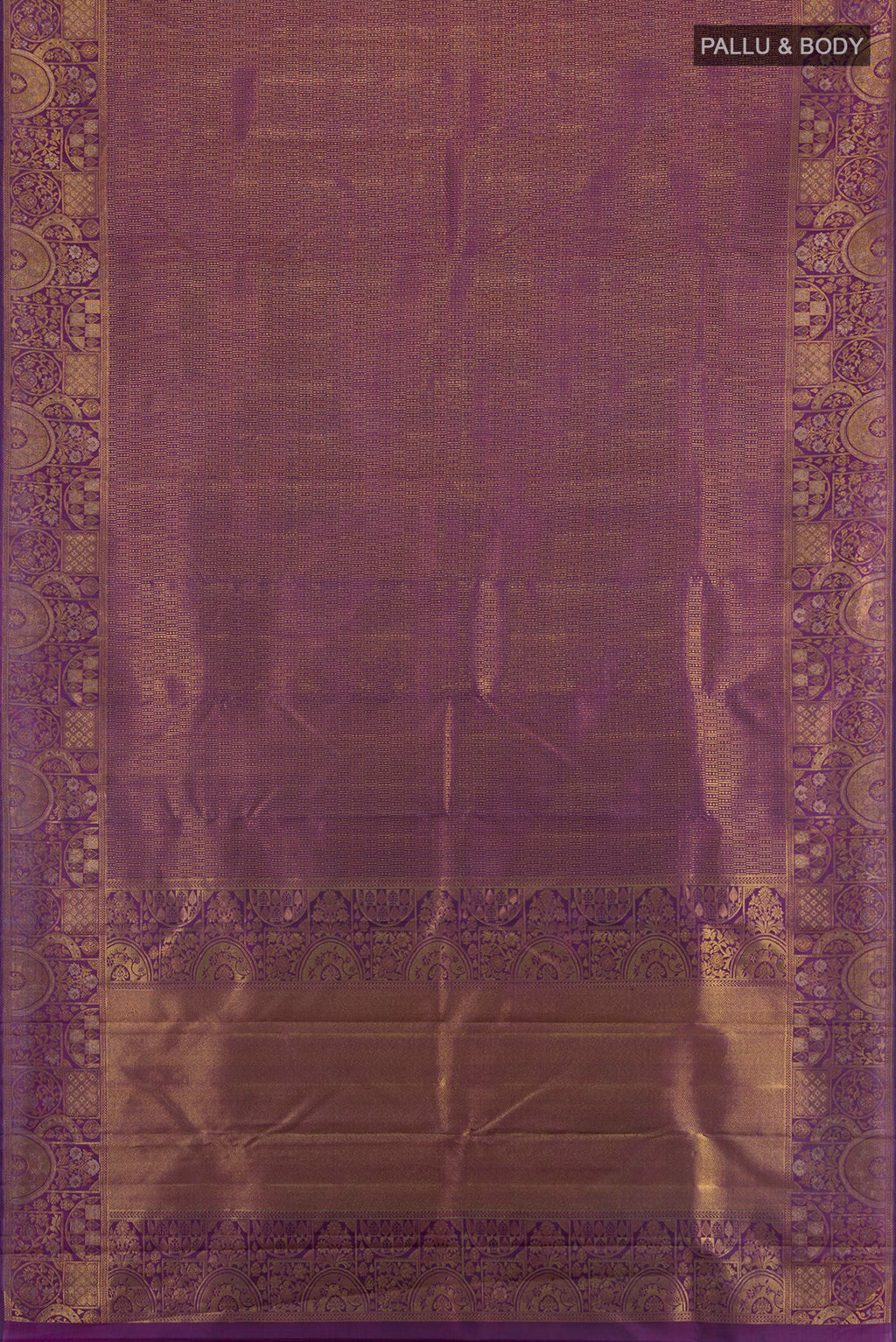 Flat view of Violet Kanjivaram Silk Saree with Zari Brocade on the body and Zari Border. 
