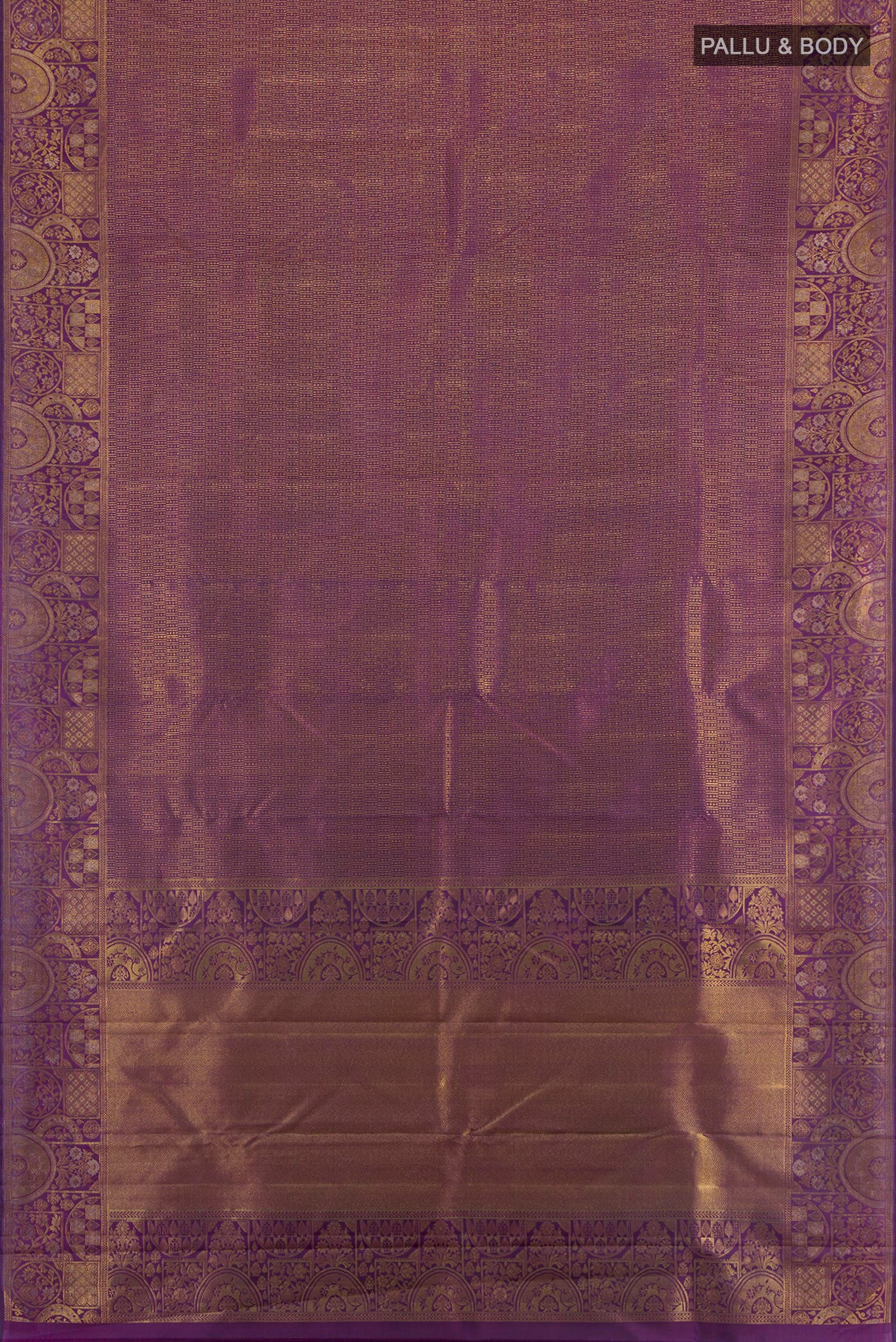 Flat view of Violet Kanjivaram Silk Saree with Zari Brocade on the body and Zari Border. 