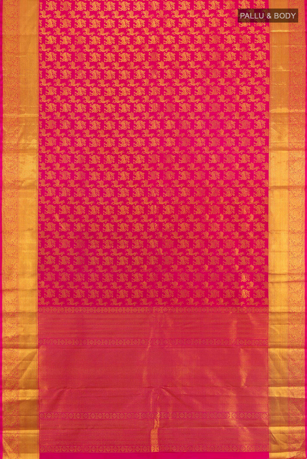 Flat view of Rani Pink Kanjivaram Silk Saree with Zari Butta on the body and Zari Border. 