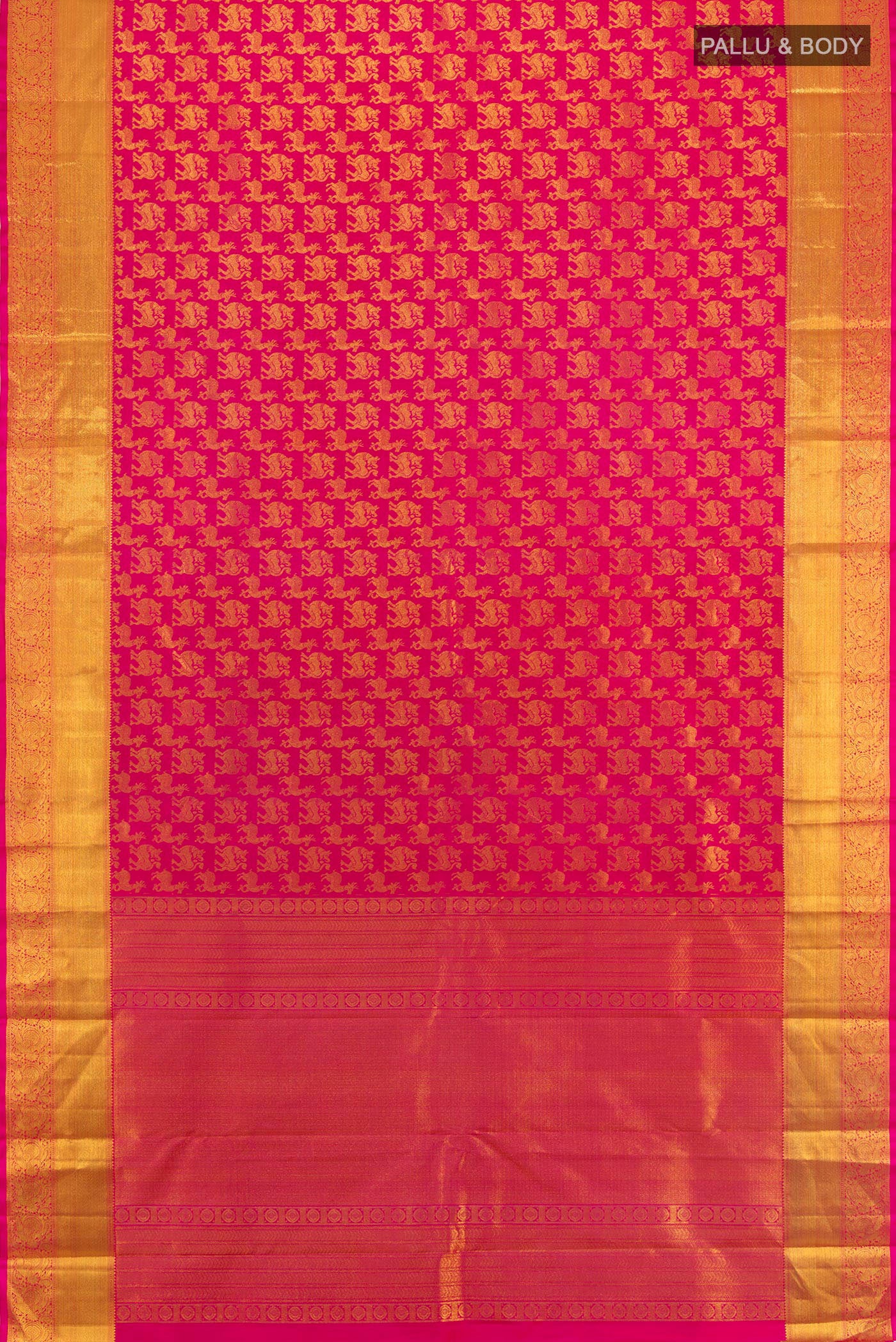 Flat view of Rani Pink Kanjivaram Silk Saree with Zari Butta on the body and Zari Border. 