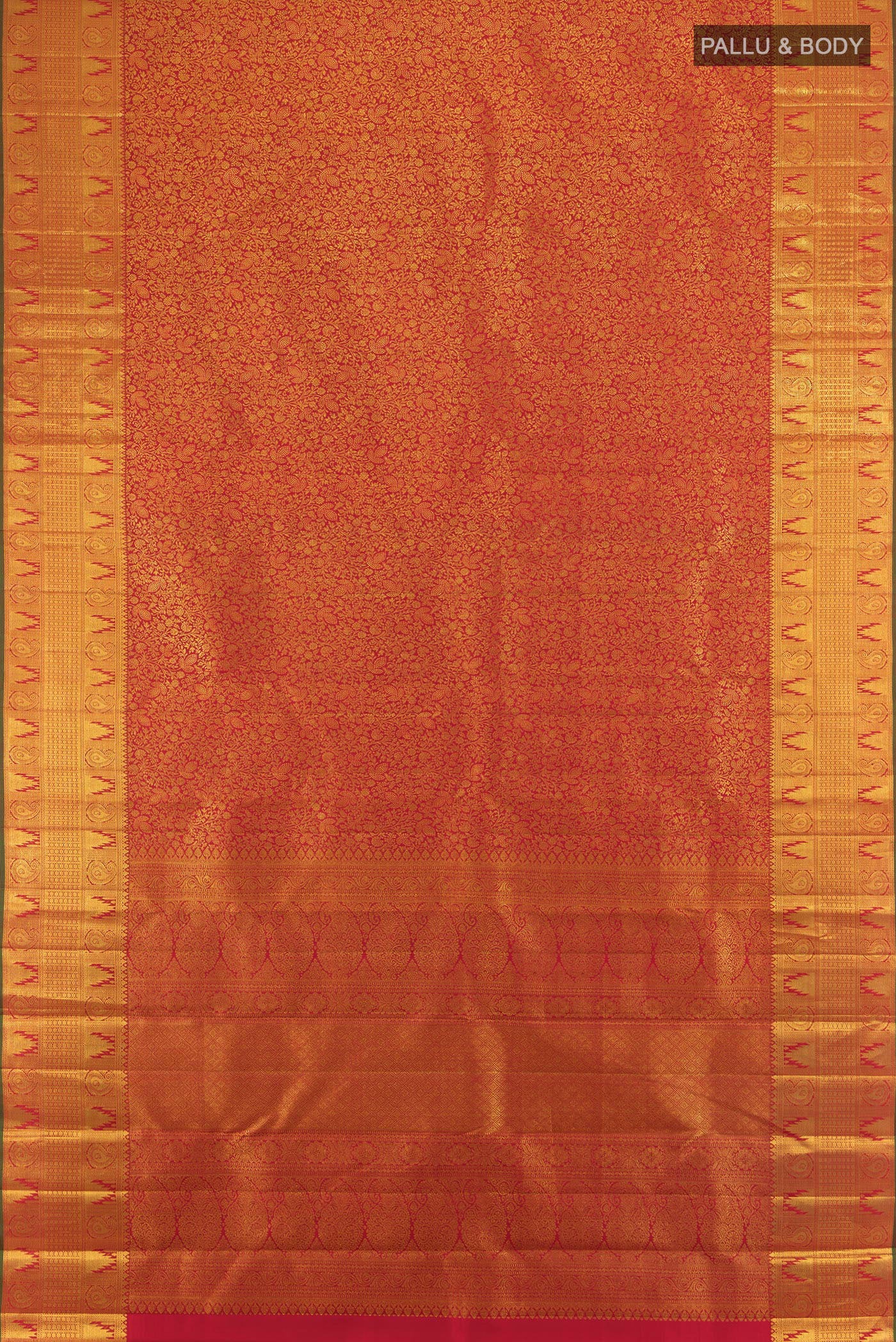 Flat view of Pure Silk Pure Zari Maroon Kanjivaram Saree with Zari Butta on the body and Silk Border. 