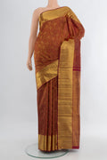 Maroon Kanchipuram Silk Saree with Zari Brocade on the body and Zari Border.  displayed on a mannequin